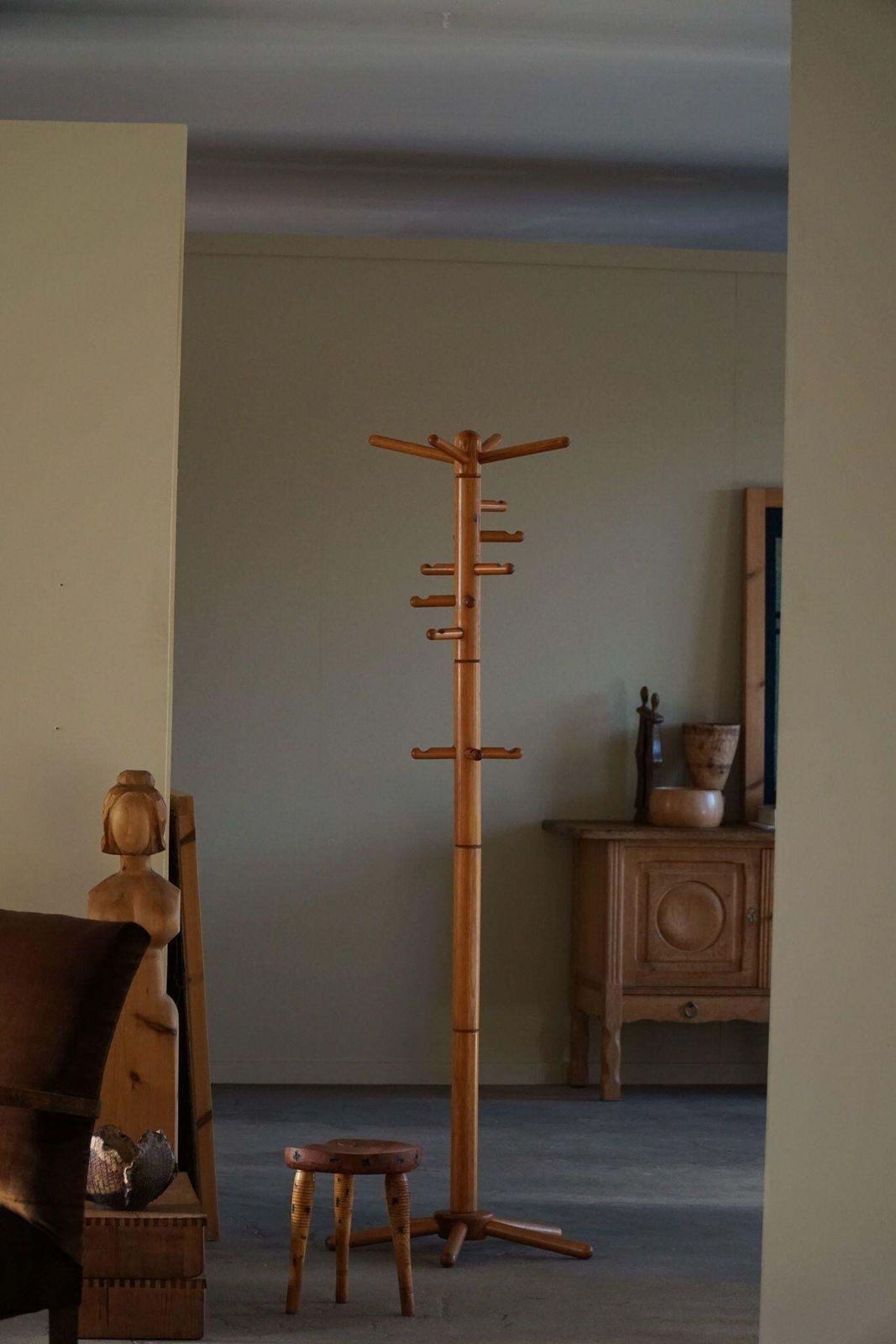 Furniture Primitive Tripod Stool In Solid Pine, Swedish Modern, Ca 1950s photo