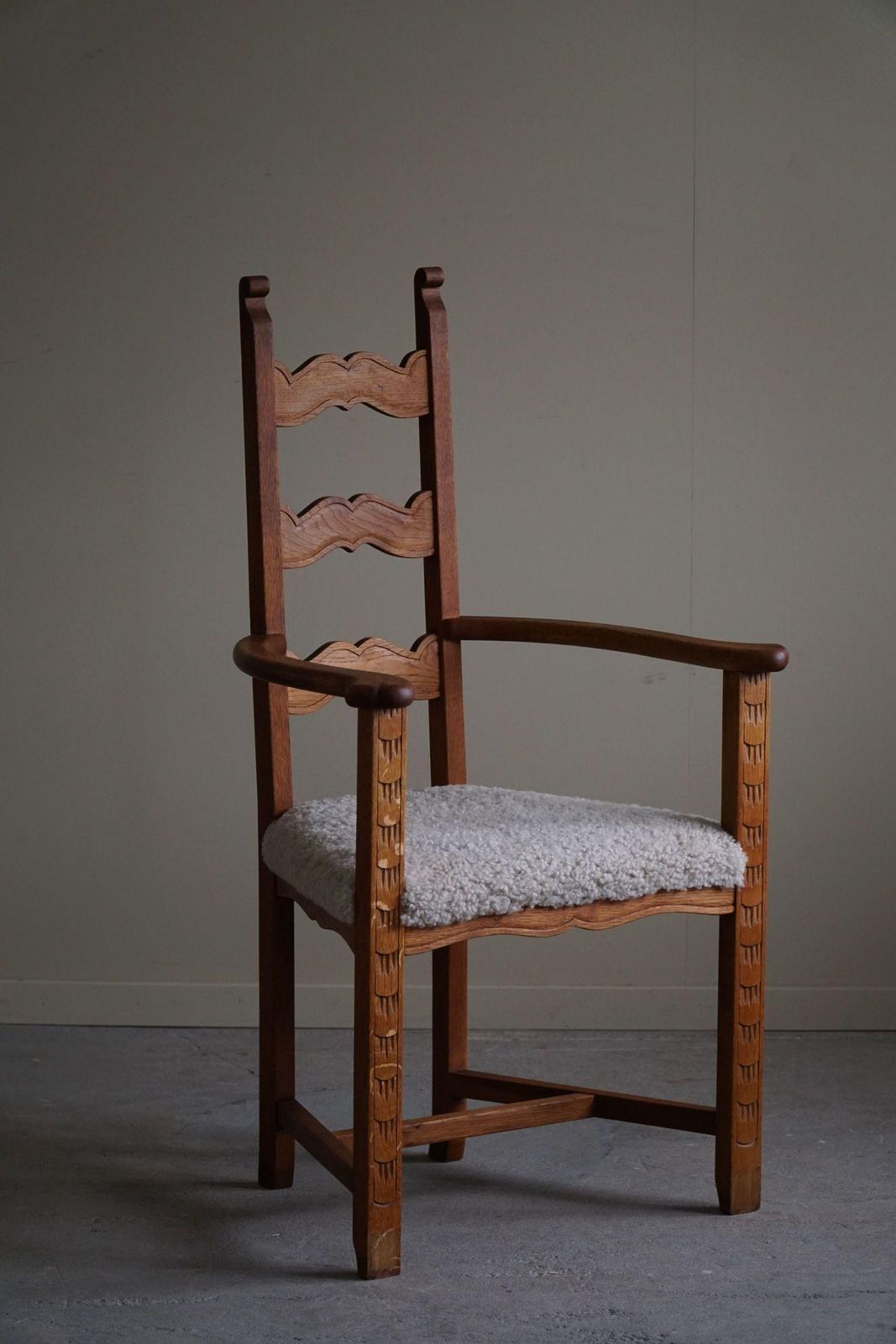 photo furniture Classic Armchair In Oak & Lambswool Seat, Danish Mid Century Modern, 1950s