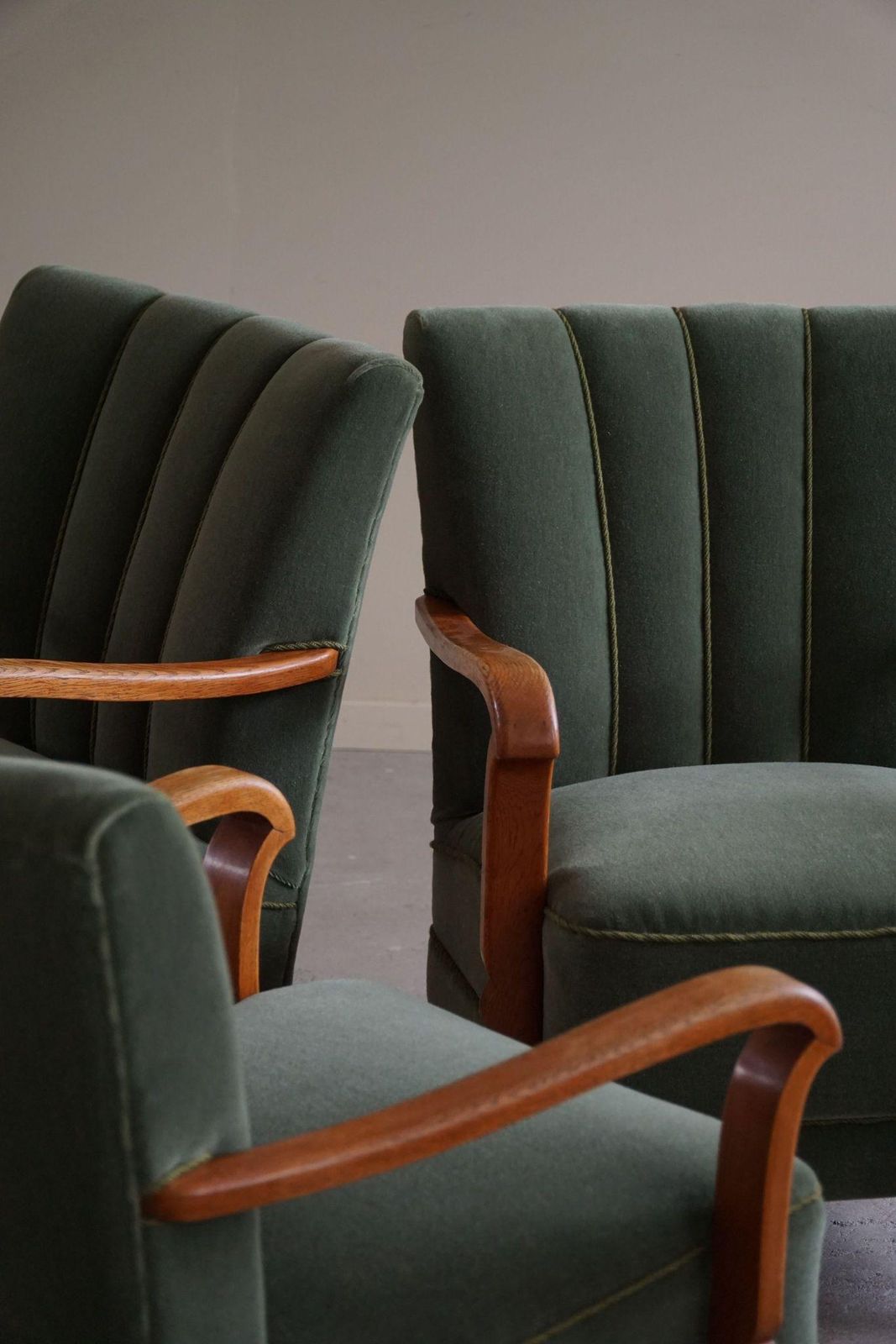 Danish Art Deco, Set Of 3 Armchairs In Oak, Reupholstered In Green Mohair, 1930s photo Furniture