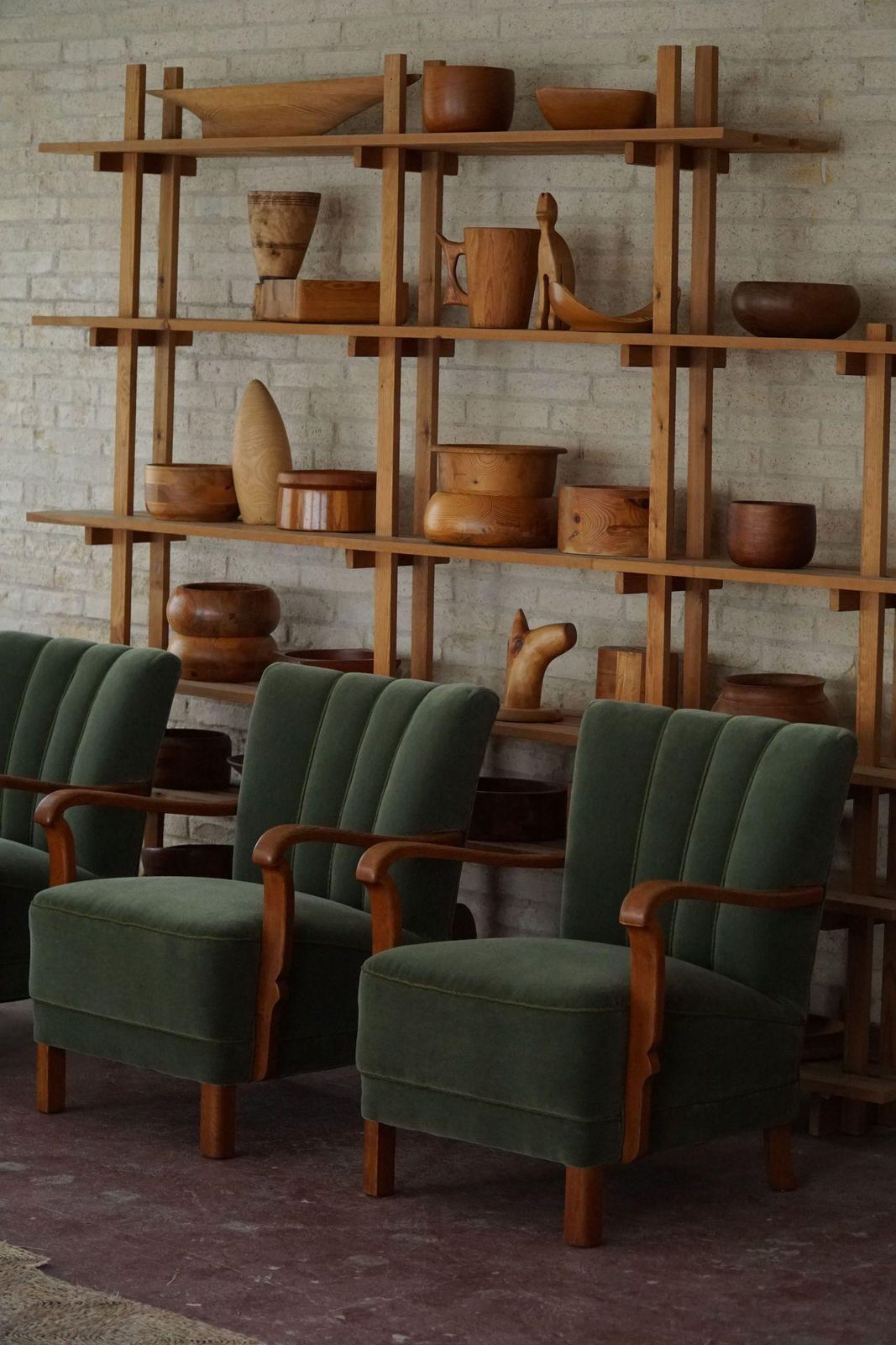 Danish Art Deco, Set Of 3 Armchairs In Oak, Reupholstered In Green Mohair, 1930s photo vinterior