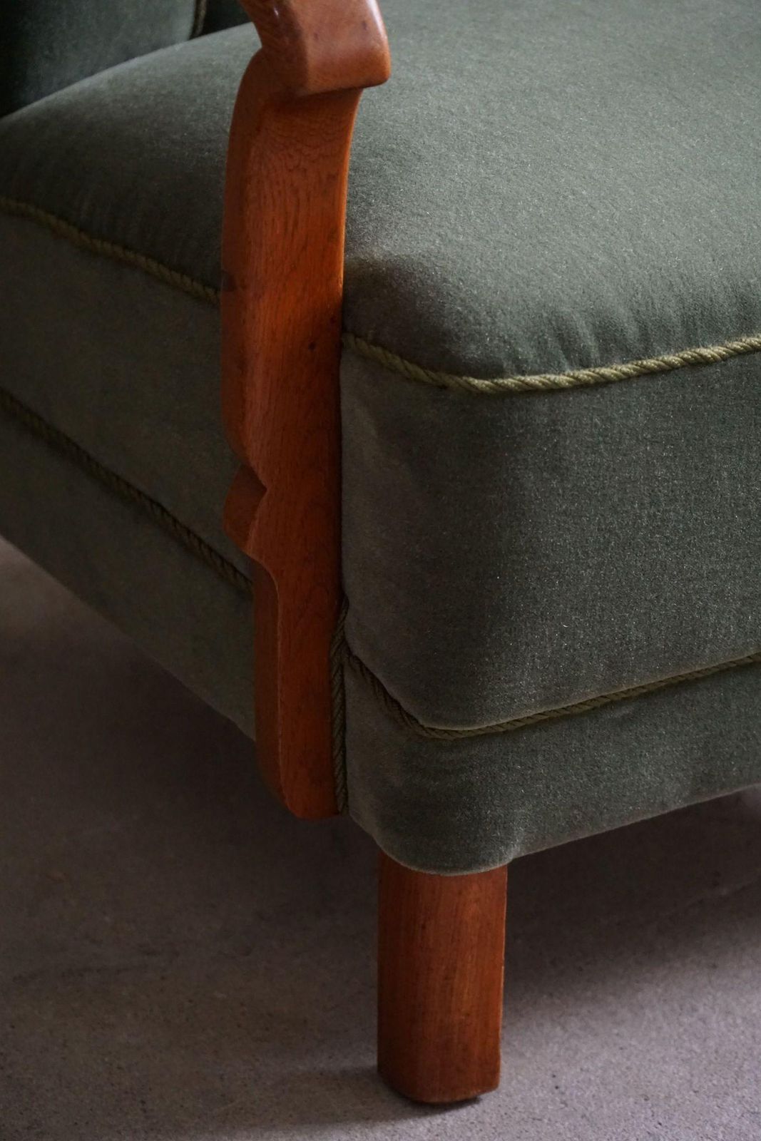 photo buy Danish Art Deco, Set Of 3 Armchairs In Oak, Reupholstered In Green Mohair, 1930s