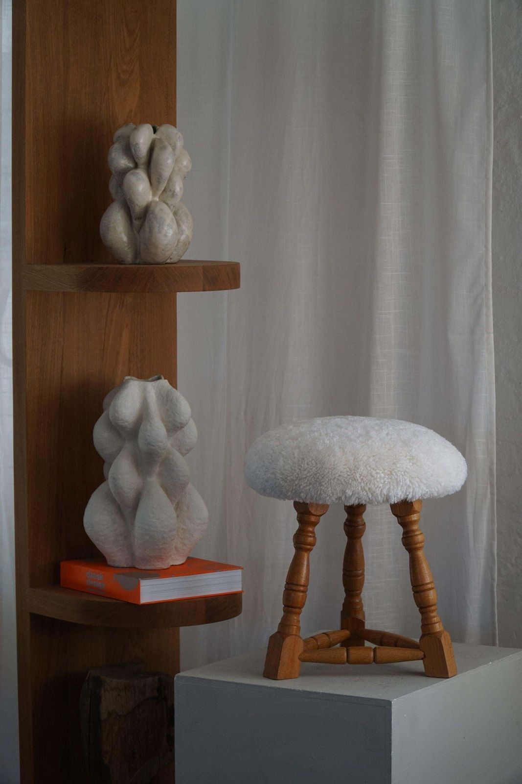 photo for sale Danish Modern, A Pair Of Tripod Stools, Reupholstered Seats In Lambswool, 1950s