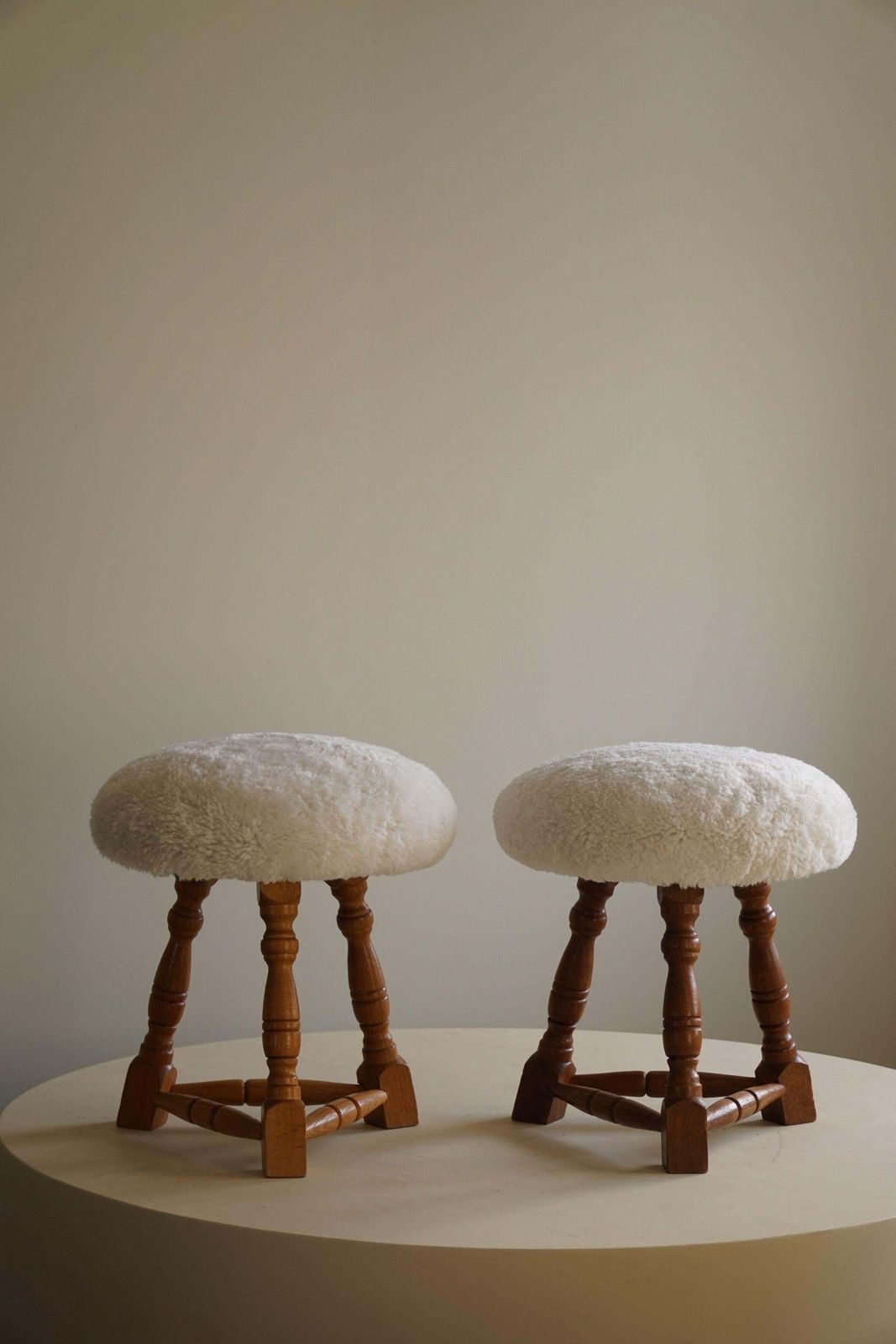 1033.0 Danish Modern, A Pair Of Tripod Stools, Reupholstered Seats In Lambswool, 1950s photo