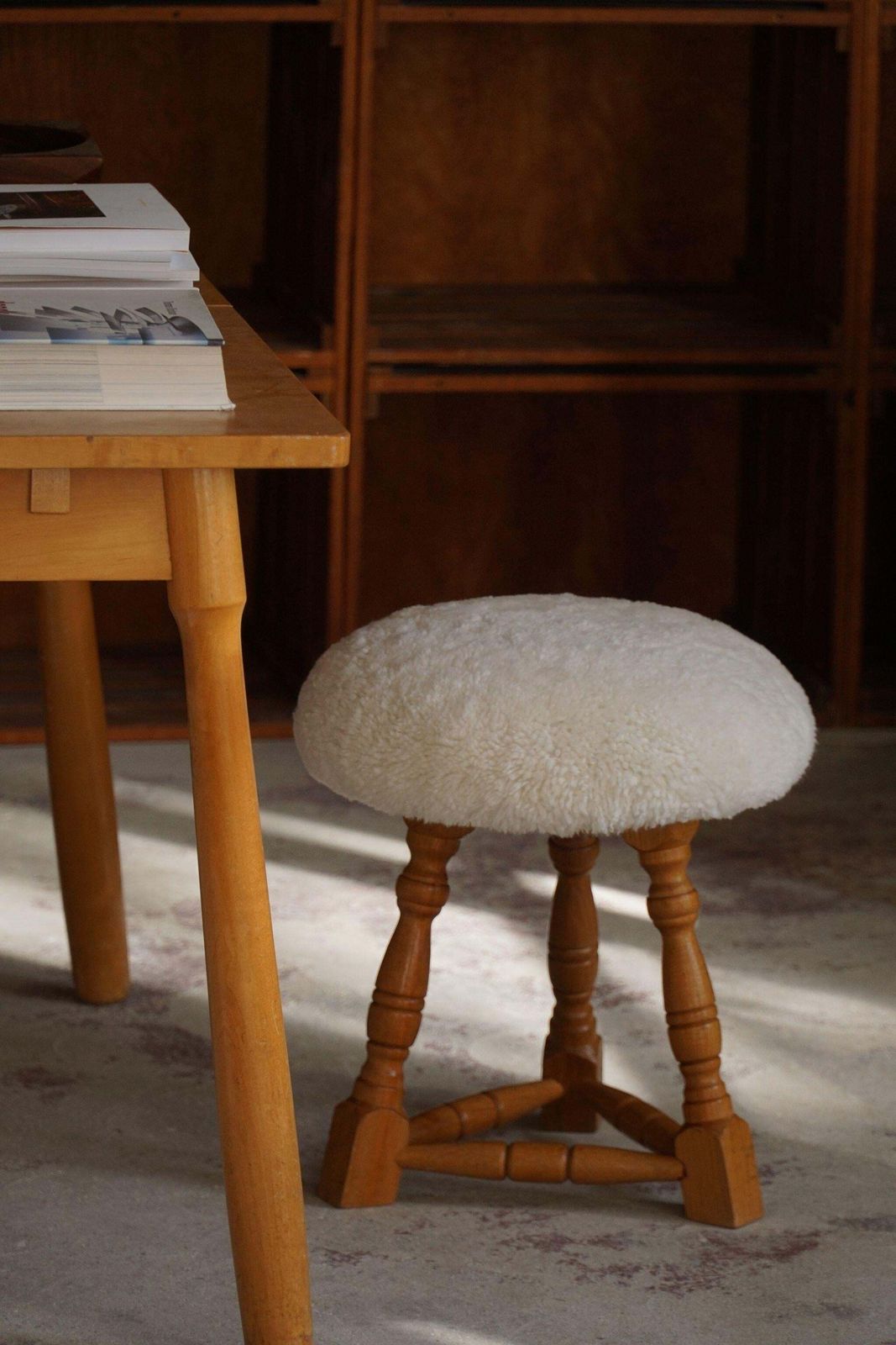 photo vintage Danish Modern, A Pair Of Tripod Stools, Reupholstered Seats In Lambswool, 1950s