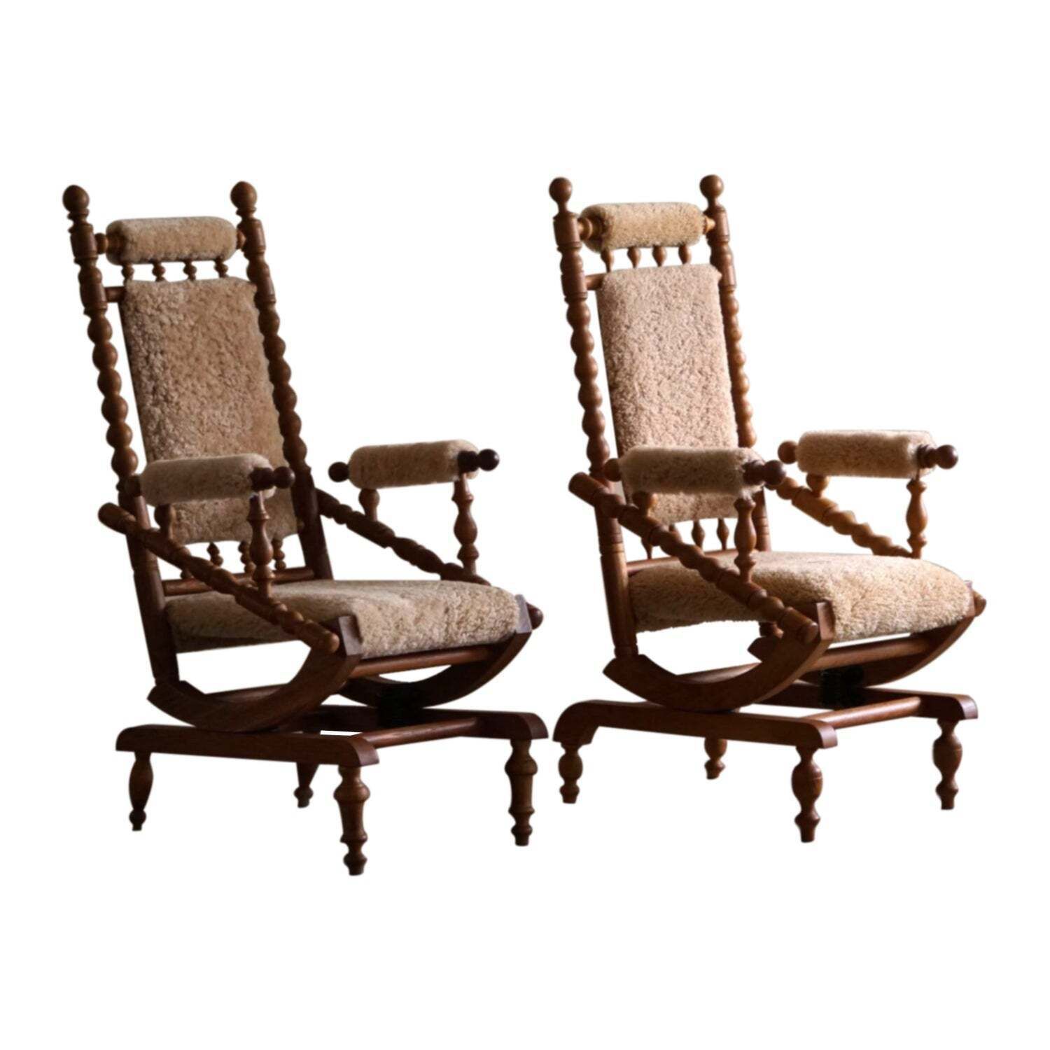 Danish Modern Sculptural Pair Of Rocking Chairs Lambswool & Oak, Brutalism, 1950