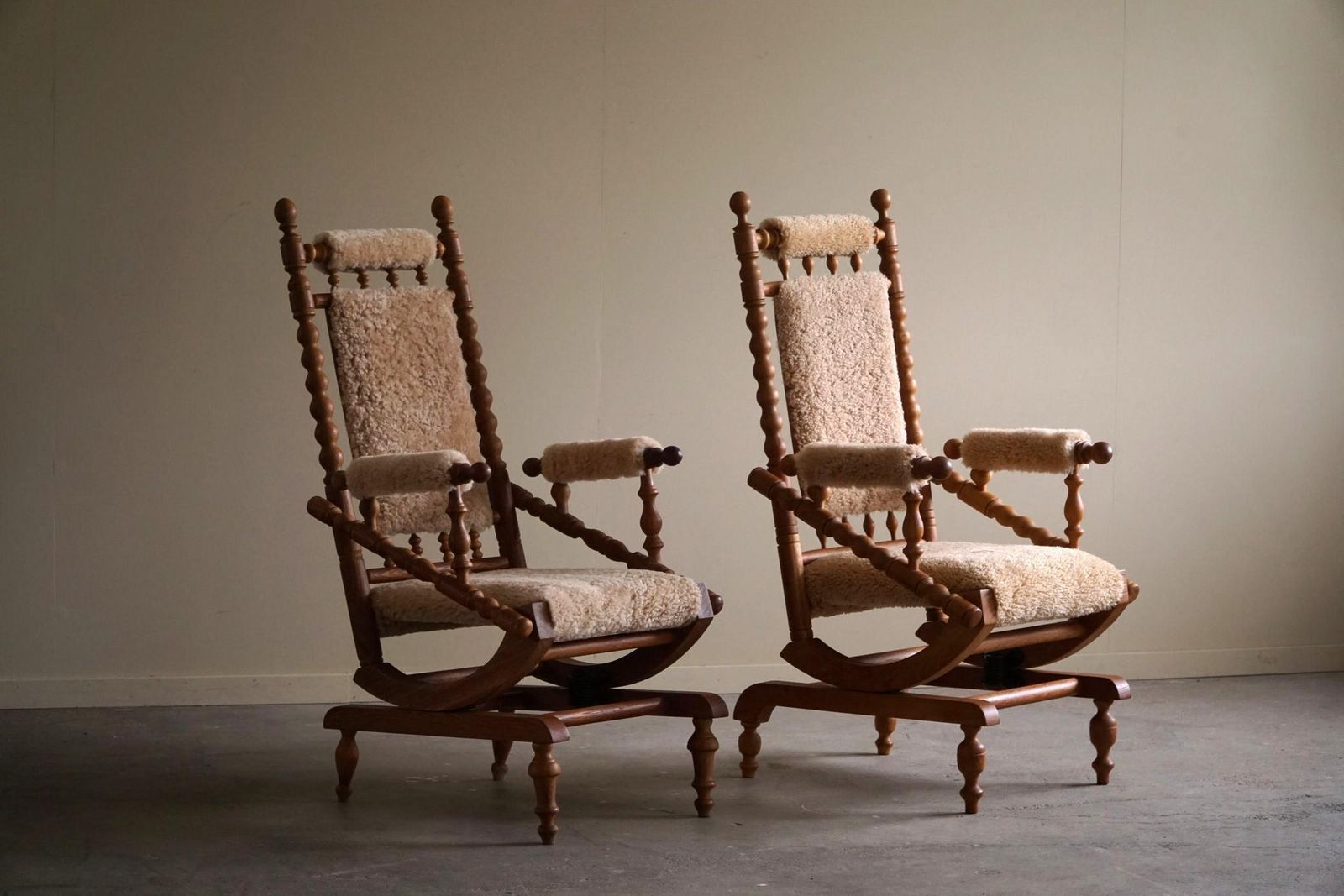 Danish Modern Sculptural Pair Of Rocking Chairs Lambswool & Oak, Brutalism, 1950 photo furniture
