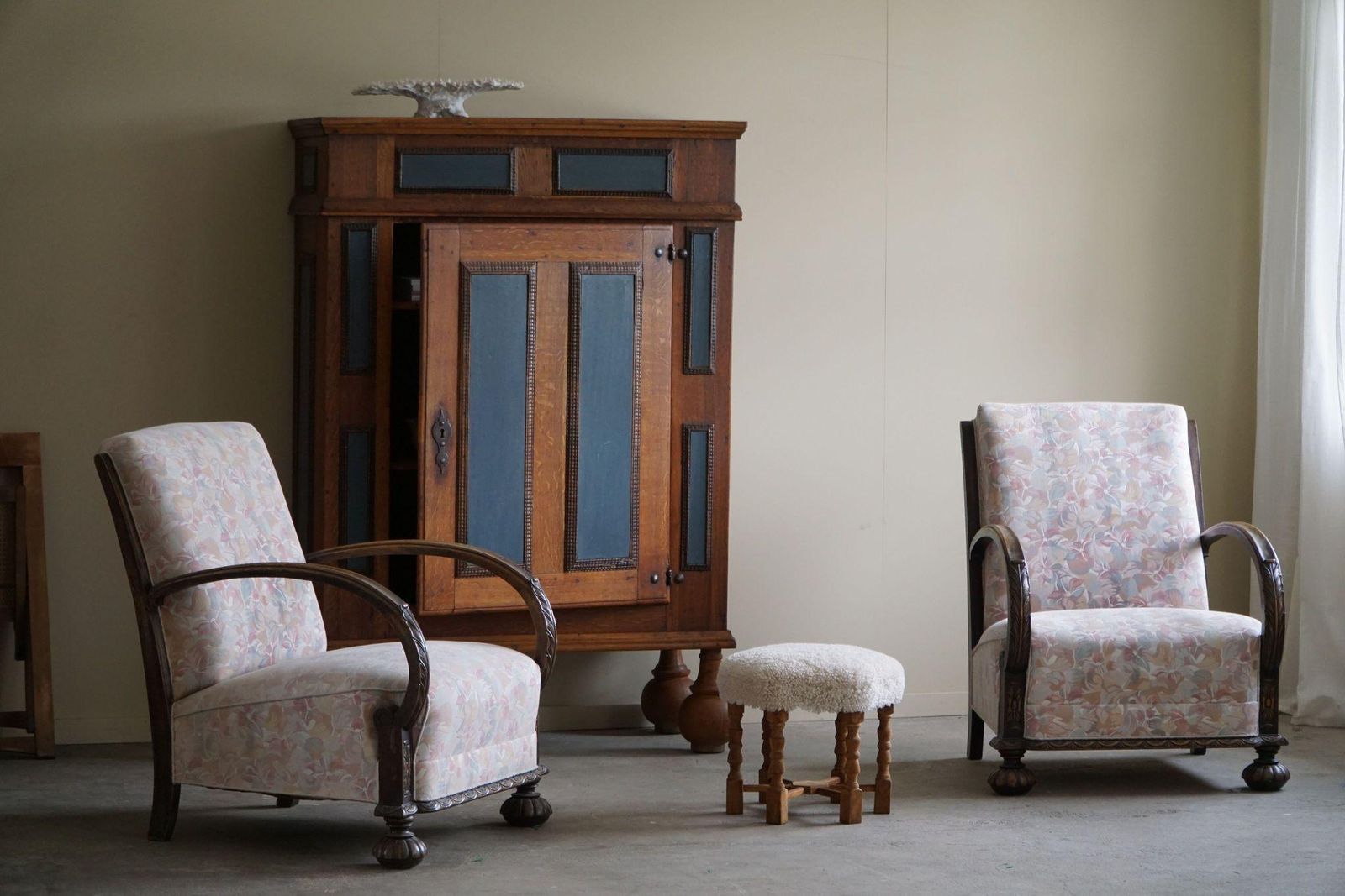 Pair Of Danish Art Deco Lounge Chairs, Oak & Vibrant Flora Fabric, 1940s photo buy