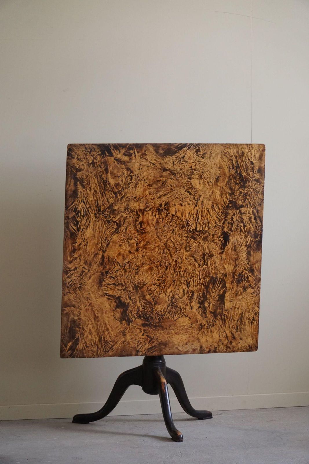 Antique Square Drop Leaf Table In Burl Wood, Handcrafted In Sweden, 19th Century photo furniture