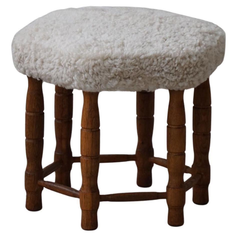 Danish Modern, A Hexagon Stool In Oak, Reupholstered Seat In Lambswool, 1950s