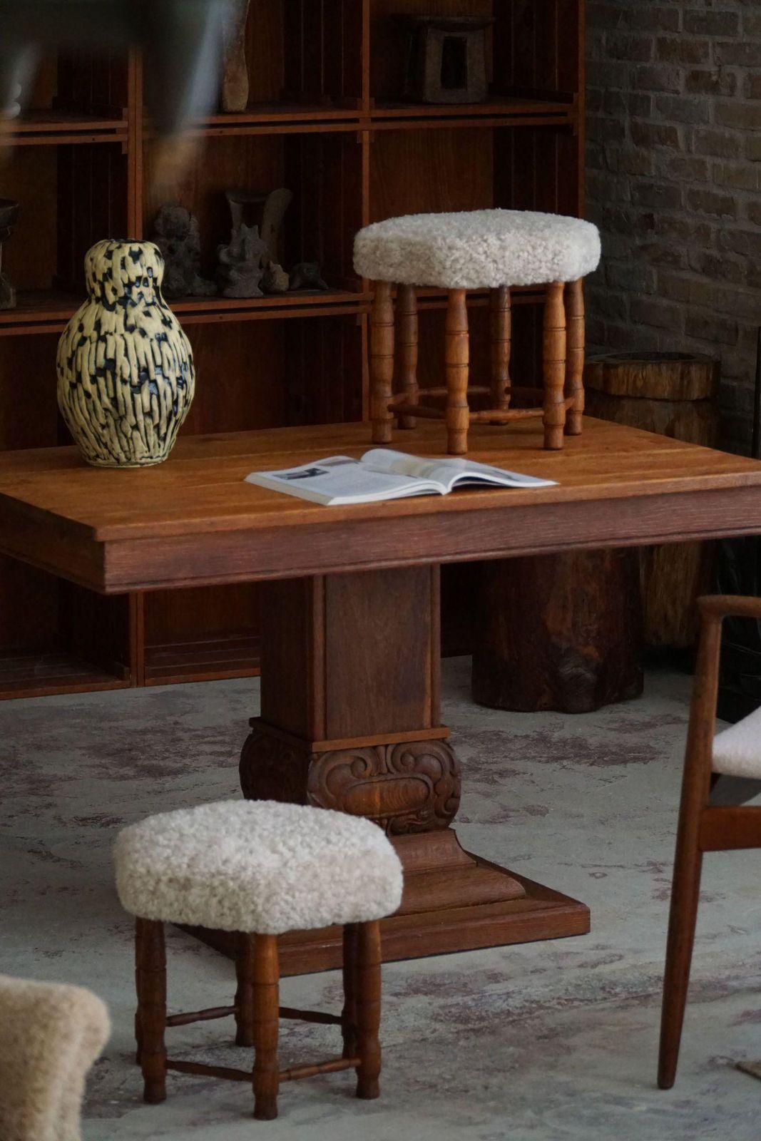 Furniture Danish Modern, A Hexagon Stool In Oak, Reupholstered Seat In Lambswool, 1950s photo