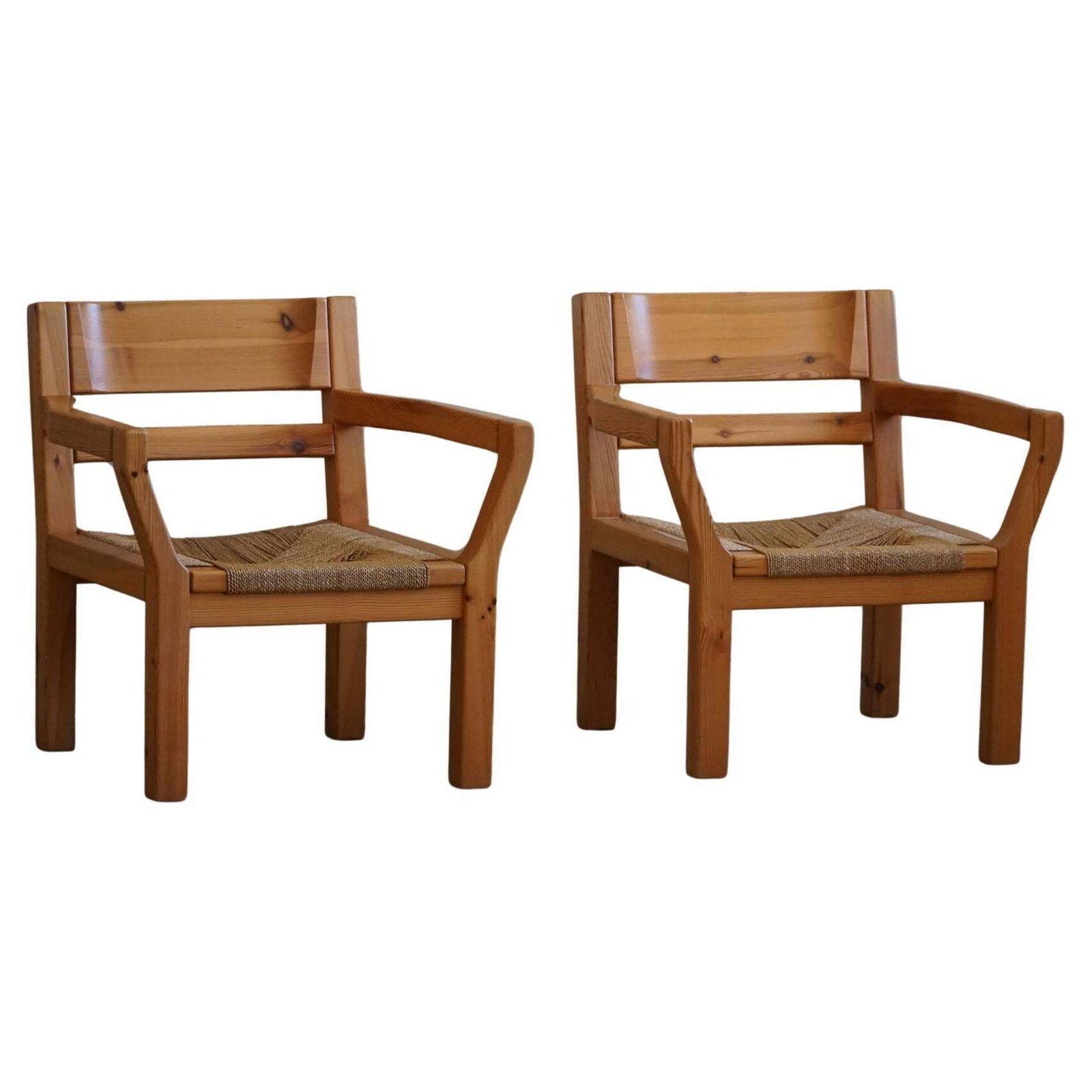 Tage Poulsen, A Pair Of Brutalist Chairs In Pine & Cord, Danish Modern, 1970s