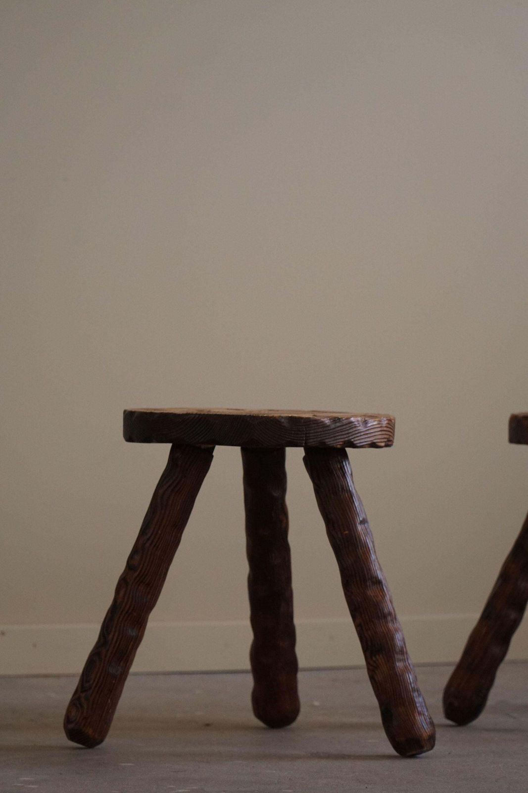 A Pair Of Carved Wabi Sabi Stools In Pine, Swedish Mid Century Modern, 1960s photo vintage