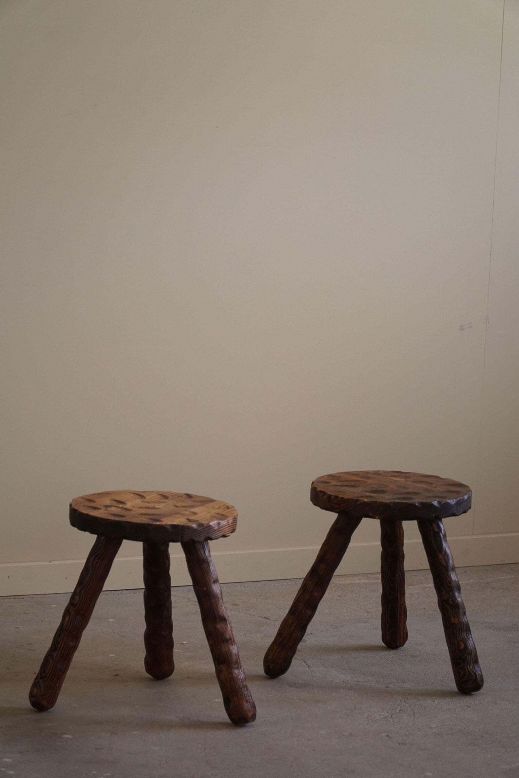 photo for sale A Pair Of Carved Wabi Sabi Stools In Pine, Swedish Mid Century Modern, 1960s