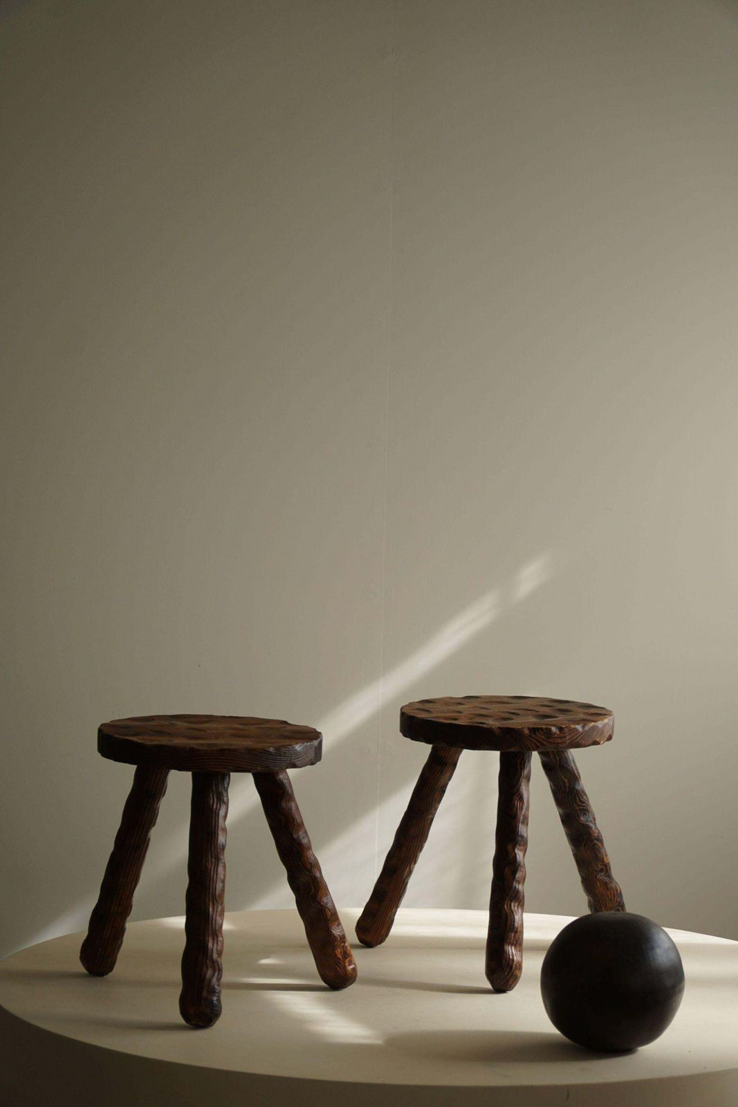 Furniture A Pair Of Carved Wabi Sabi Stools In Pine, Swedish Mid Century Modern, 1960s photo