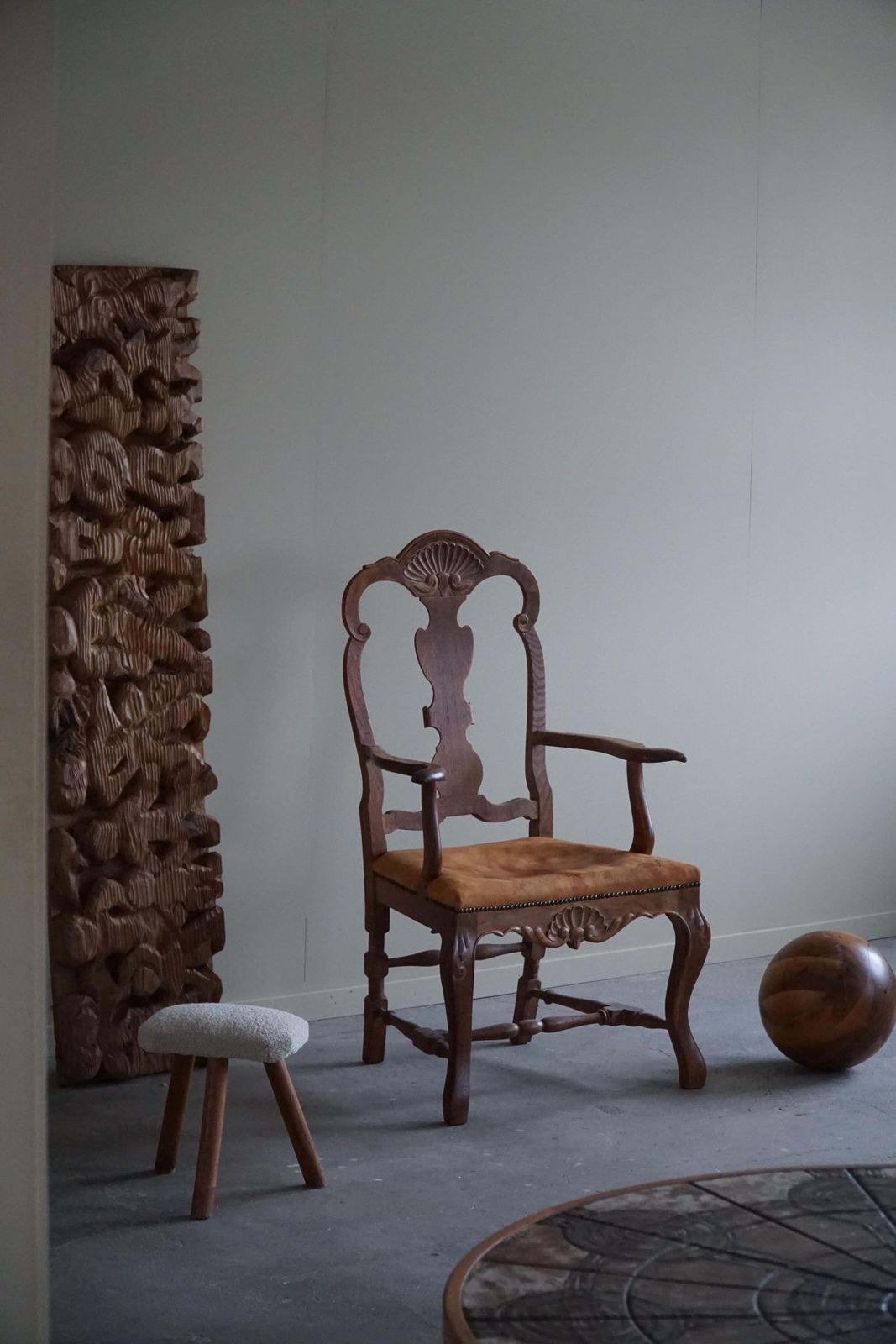Sculptural Vintage Armchair In Oak And Leather, Danish Modern, 1940s photo furniture