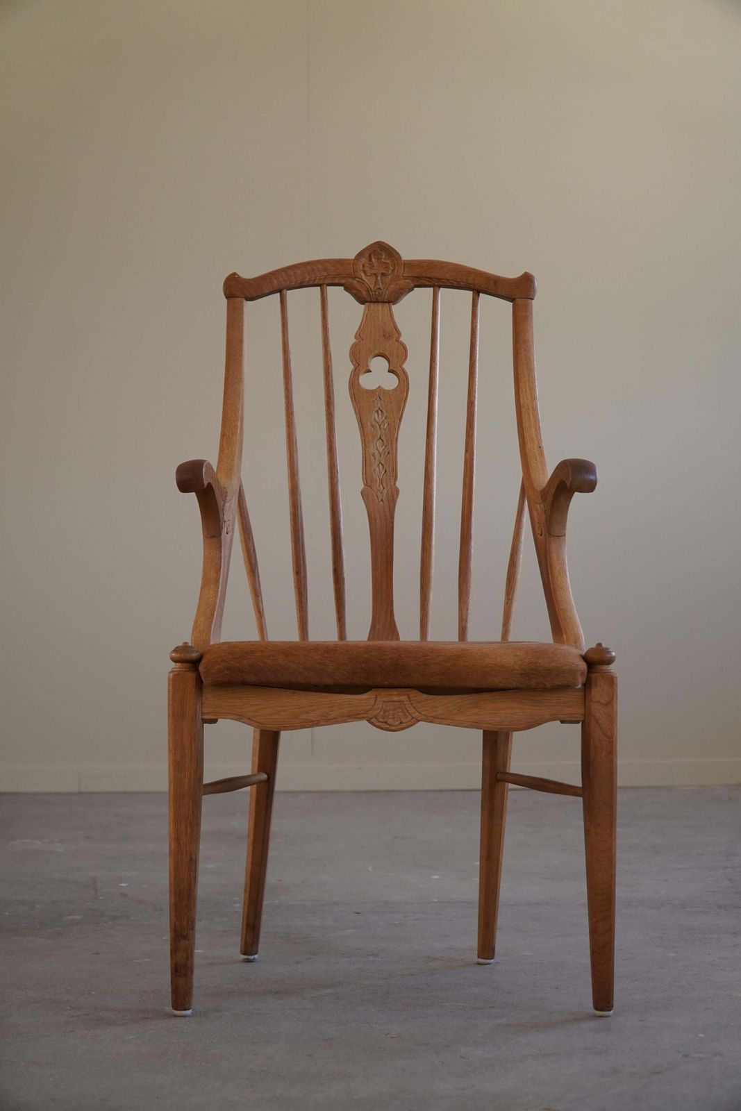 photo for sale High Back Danish Armchair In Solid Oak & Leather Cushion, Mid Century, 1950s