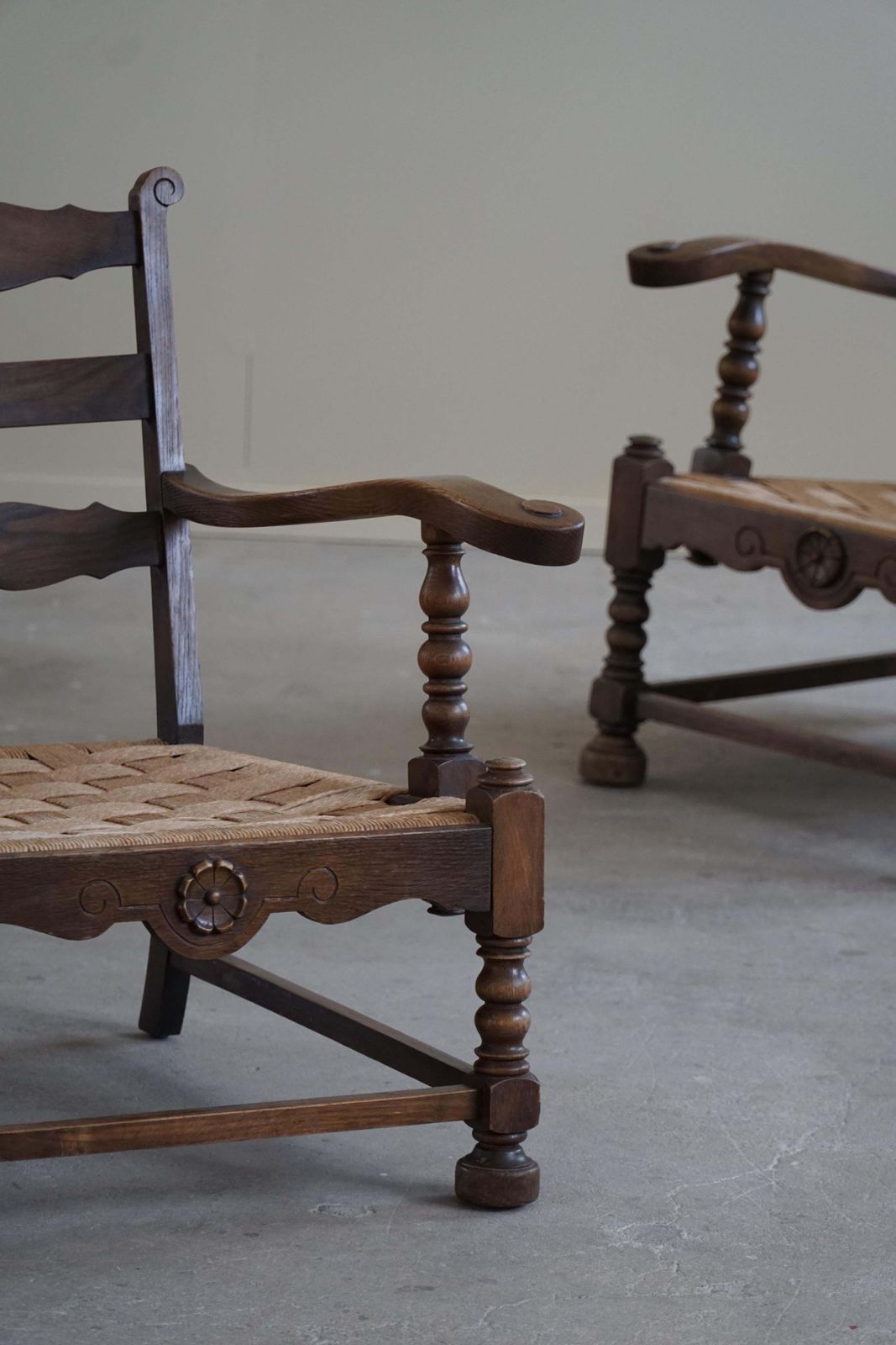 photo buy A Pair Of Danish Modern, Sculptural Vintage Armchair In Oak And Papercord, 1940s
