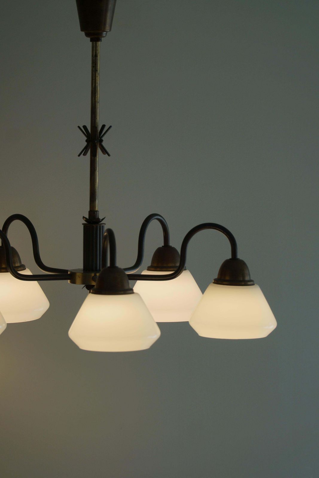 A Danish Modern 5 Headed Chandelier In Opal Glass & Brass, Art Deco, 1940s photo for sale