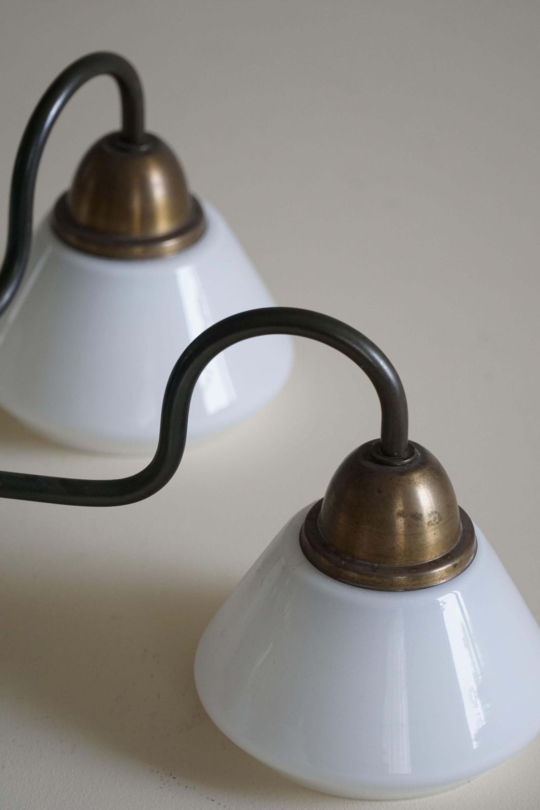 A Danish Modern 5 Headed Chandelier In Opal Glass & Brass, Art Deco, 1940s photo vinterior