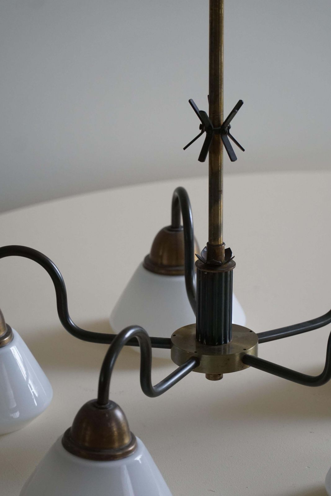 A Danish Modern 5 Headed Chandelier In Opal Glass & Brass, Art Deco, 1940s photo buy