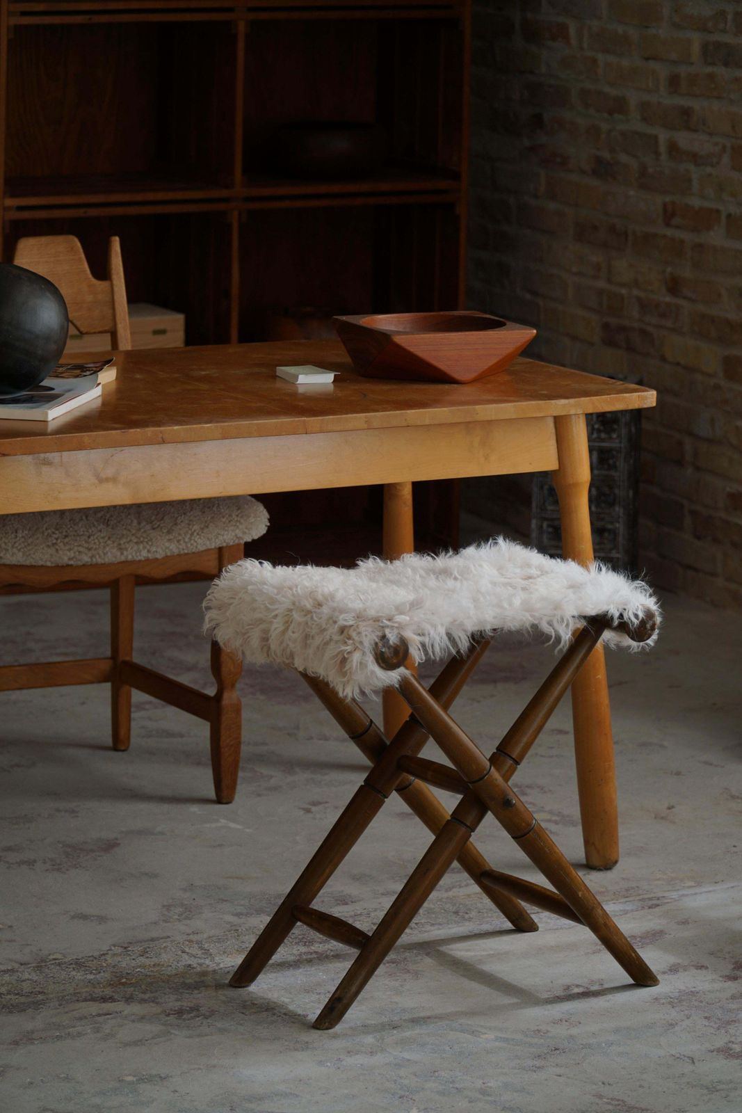 photo furniture Foldable Stool, Reupholstered In Longhaired Sheepskin, Mid Century Modern, 1950s