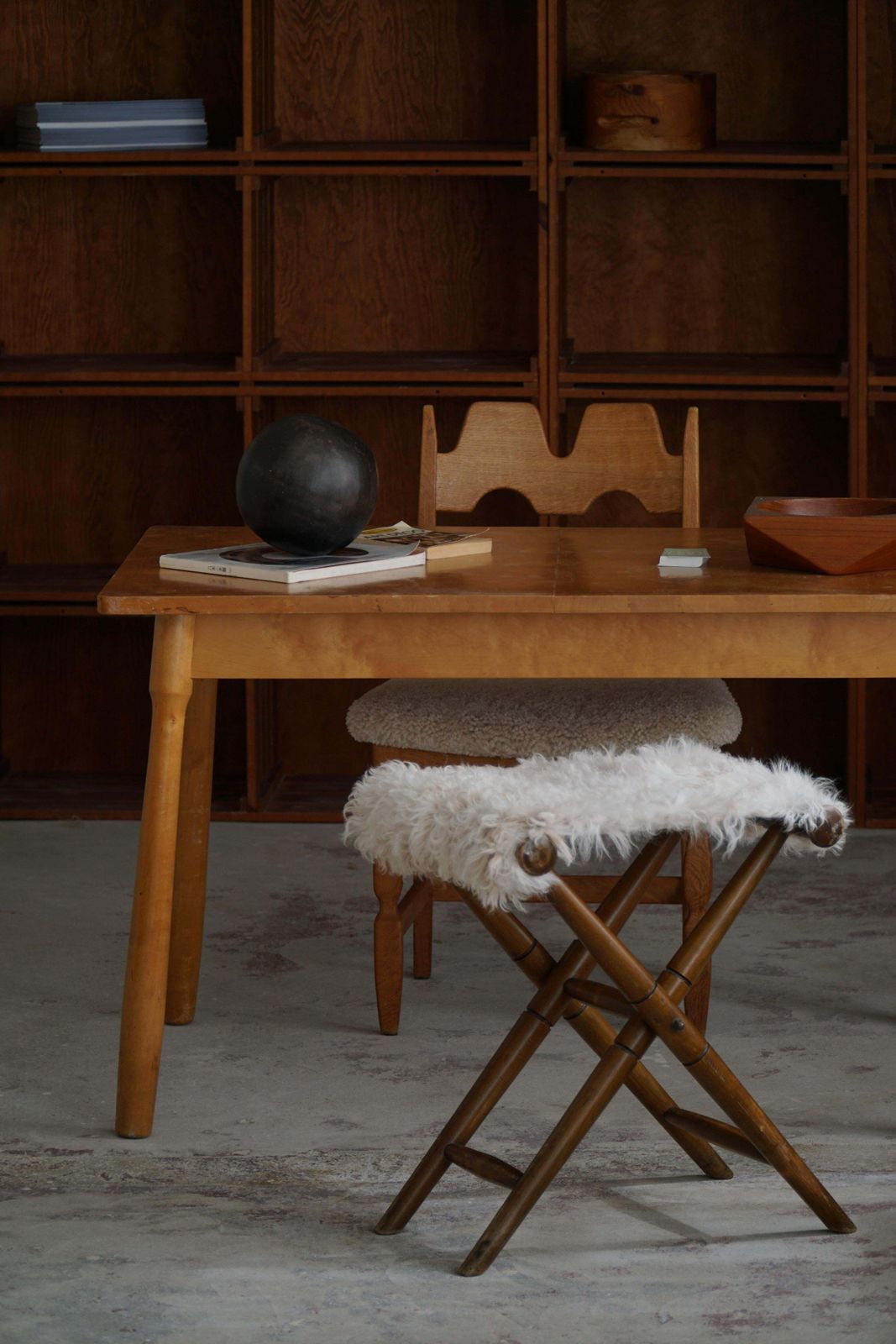 Furniture Foldable Stool, Reupholstered In Longhaired Sheepskin, Mid Century Modern, 1950s photo