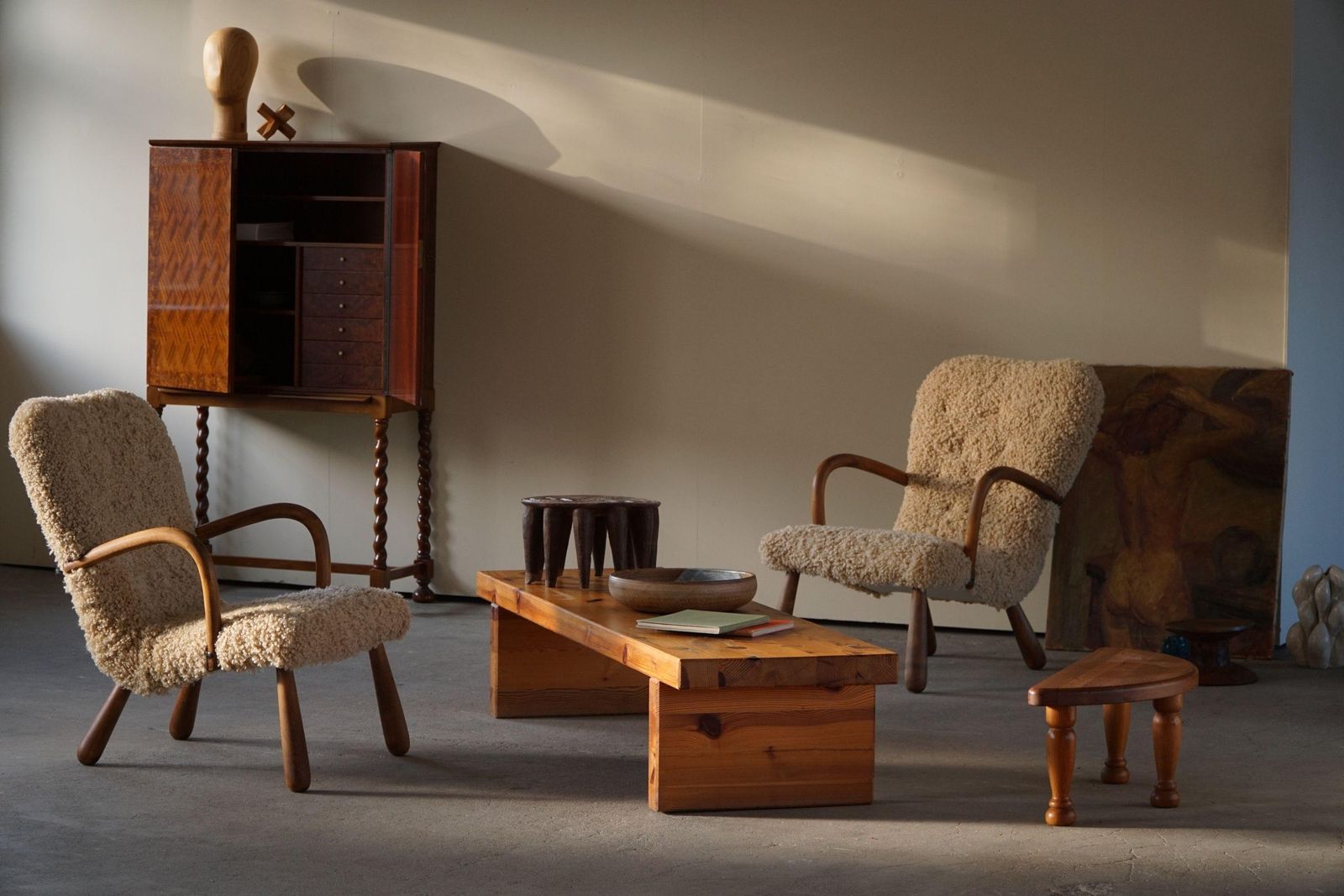 Pair Of Clam Lounge Chairs In Lambswool, Skive Møbelfabrik, Denmark, 1950s photo furniture