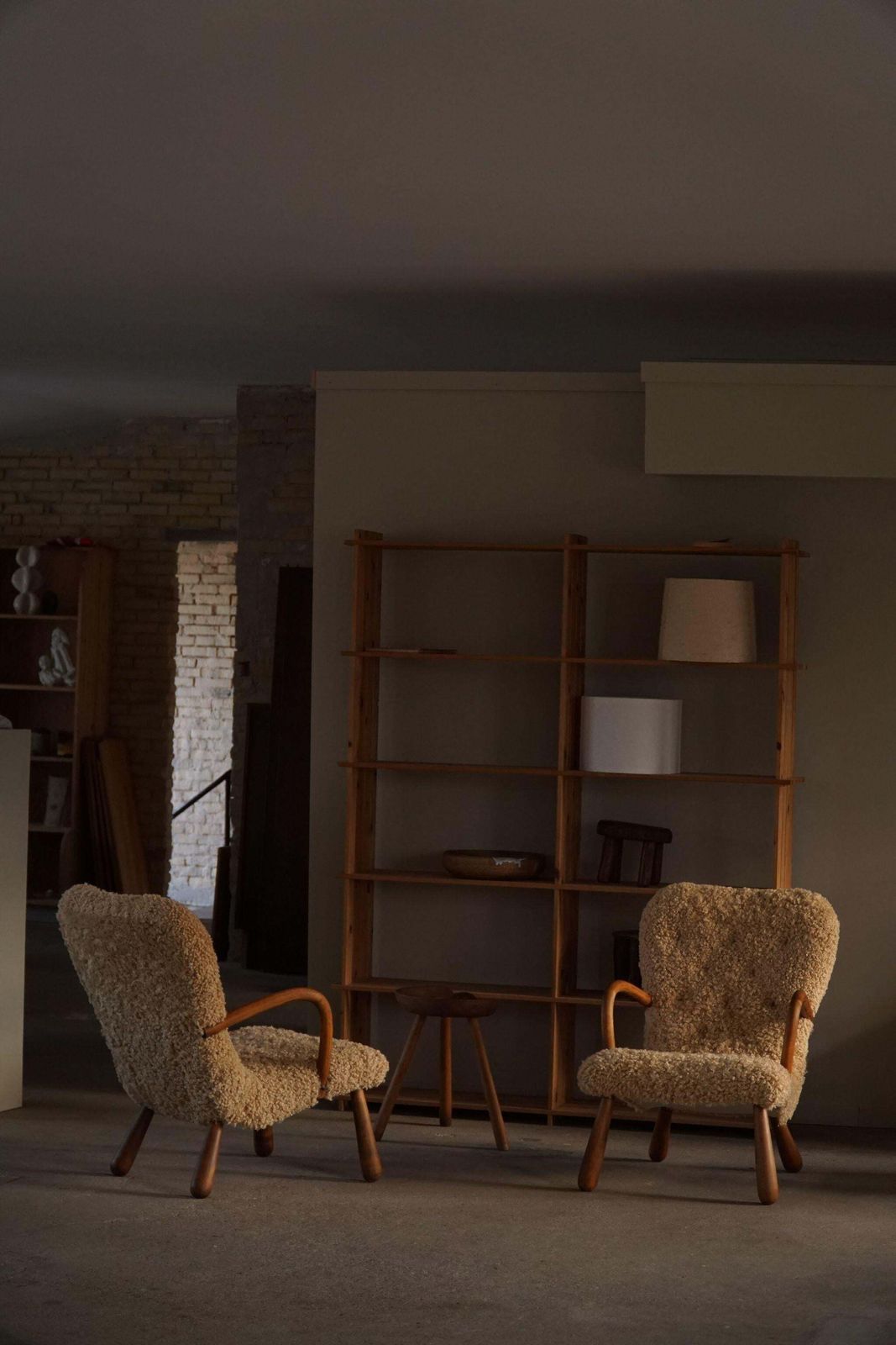 photo for sale Pair Of Clam Lounge Chairs In Lambswool, Skive Møbelfabrik, Denmark, 1950s