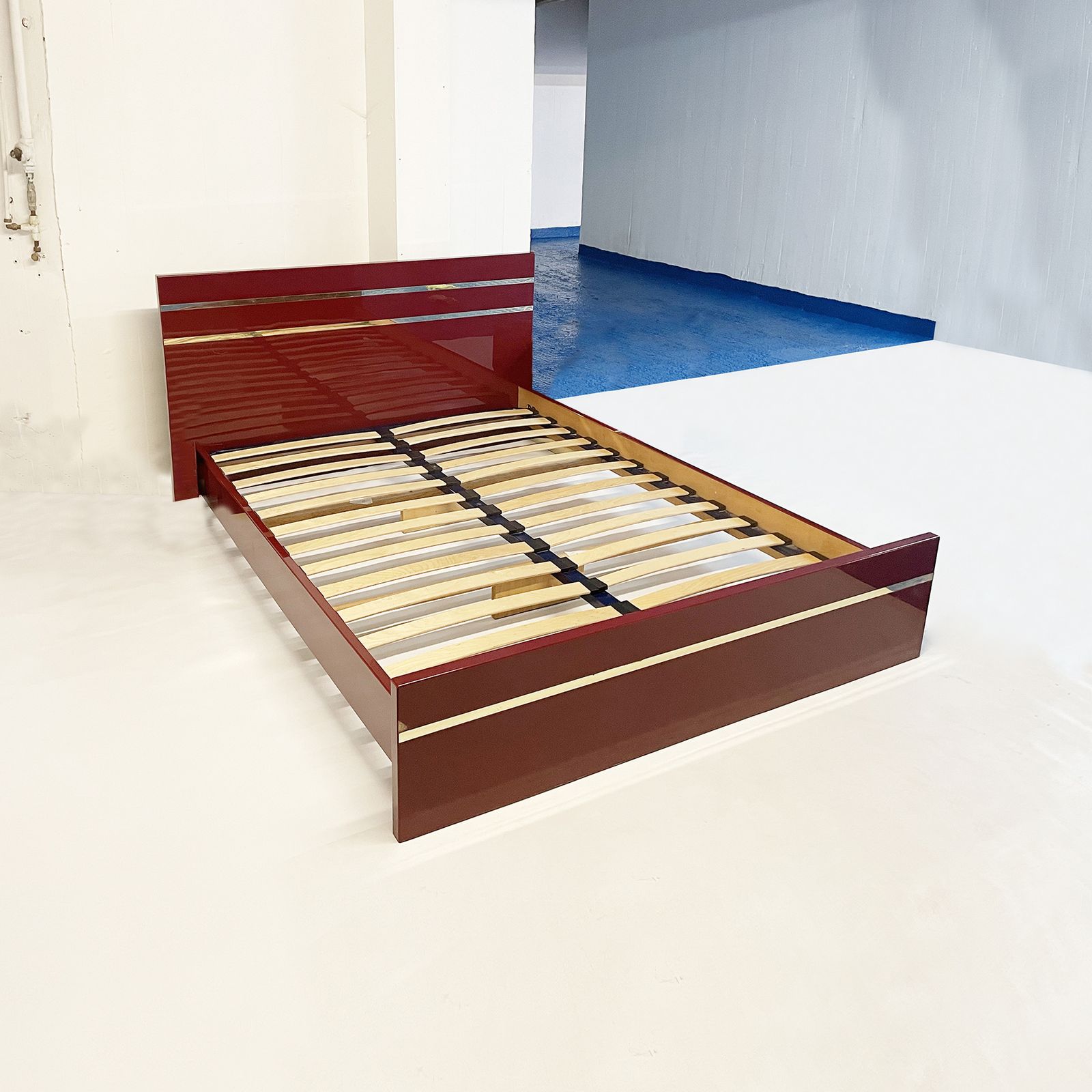 Eric Maville Burgundy Double Bed Only 1970s Hollywood Regency Mid Century Bedroom Brass Metal Frame photo vinterior
