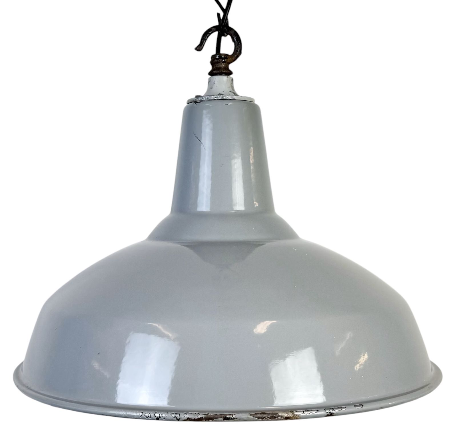 Industrial British Grey Enamel Factory Pendant Lamp, 1960s, 2x