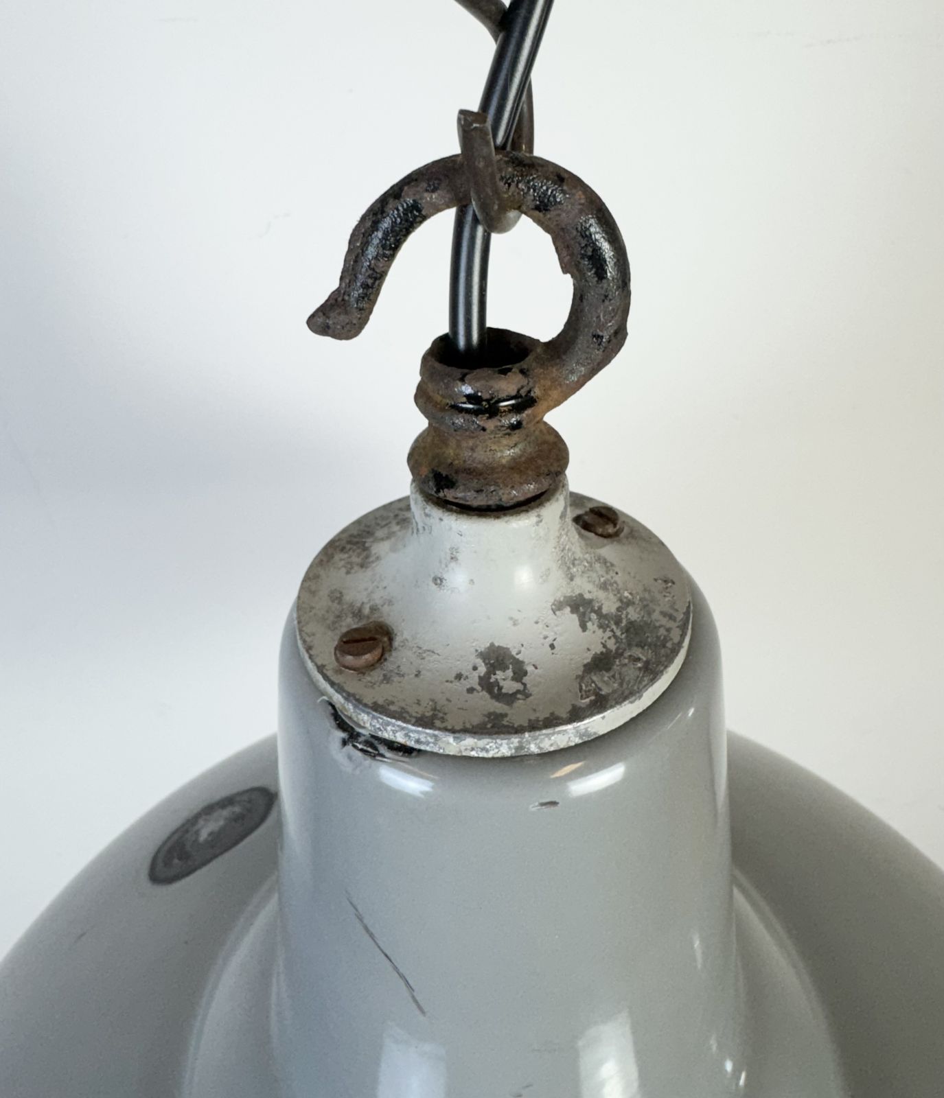 photo furniture Industrial British Grey Enamel Factory Pendant Lamp, 1960s, 2x