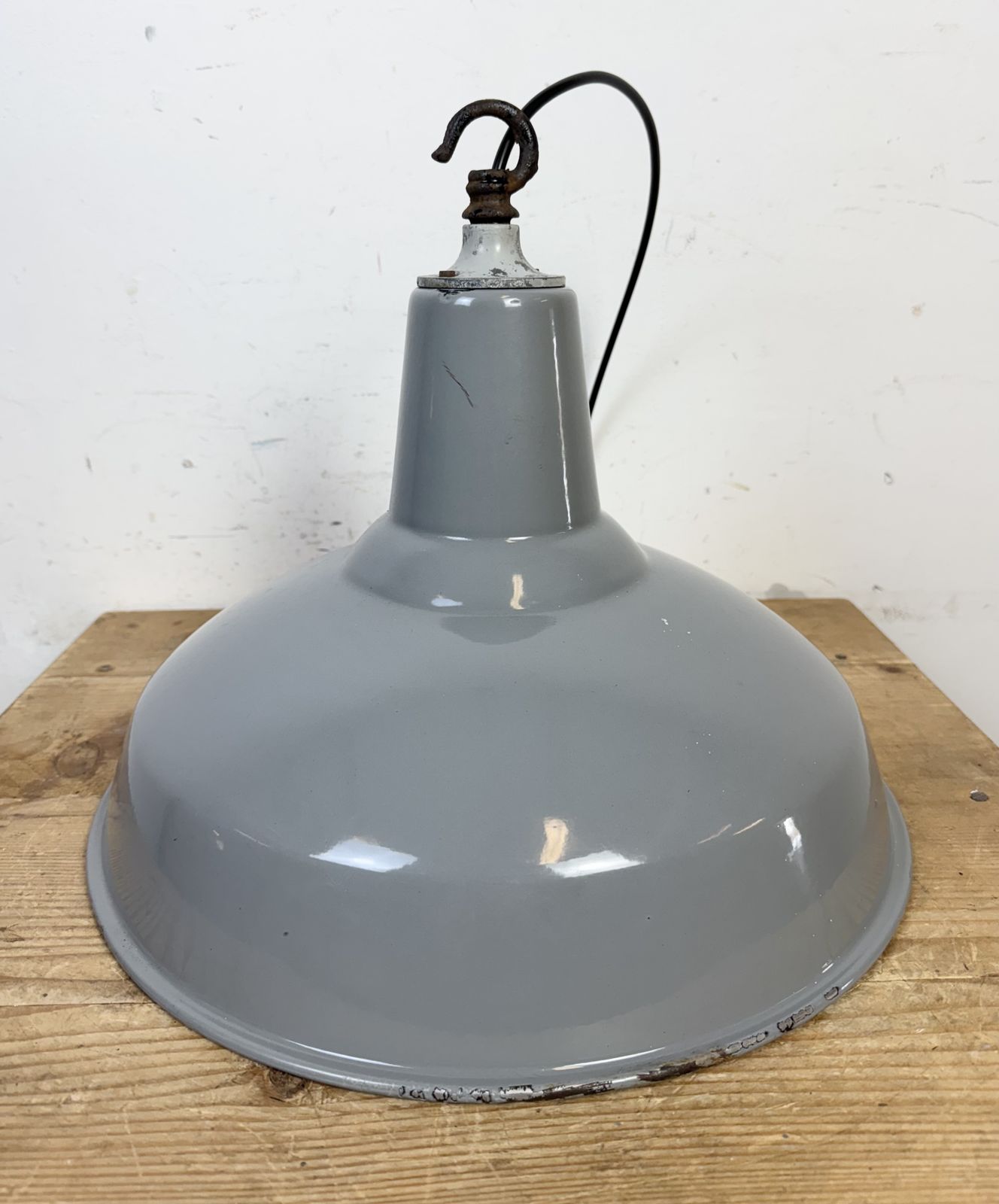 Lighting Industrial British Grey Enamel Factory Pendant Lamp, 1960s, 2x photo
