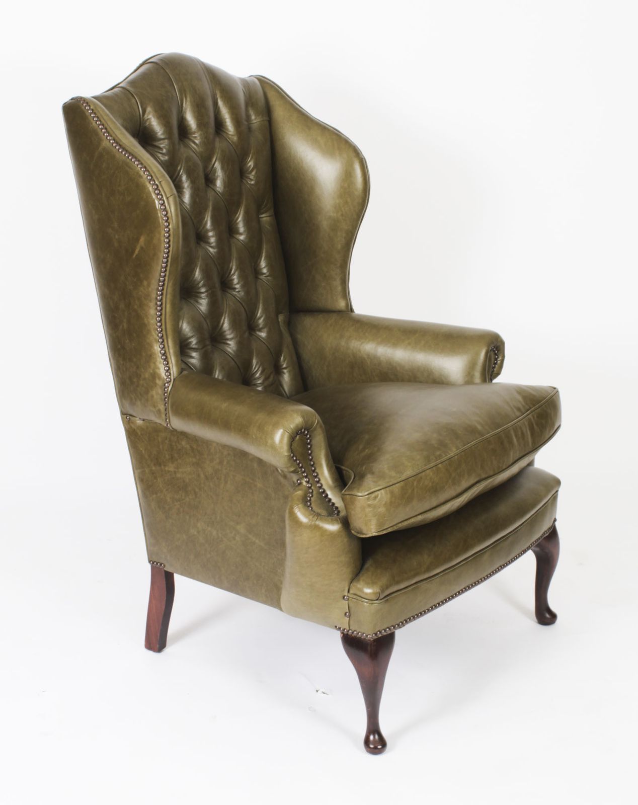 Bespoke Pair Leather Queen Anne Wingback Armchairs Alga Green photo furniture