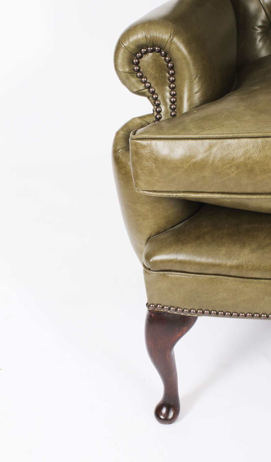 Bespoke Pair Leather Queen Anne Wingback Armchairs Alga Green photo buy