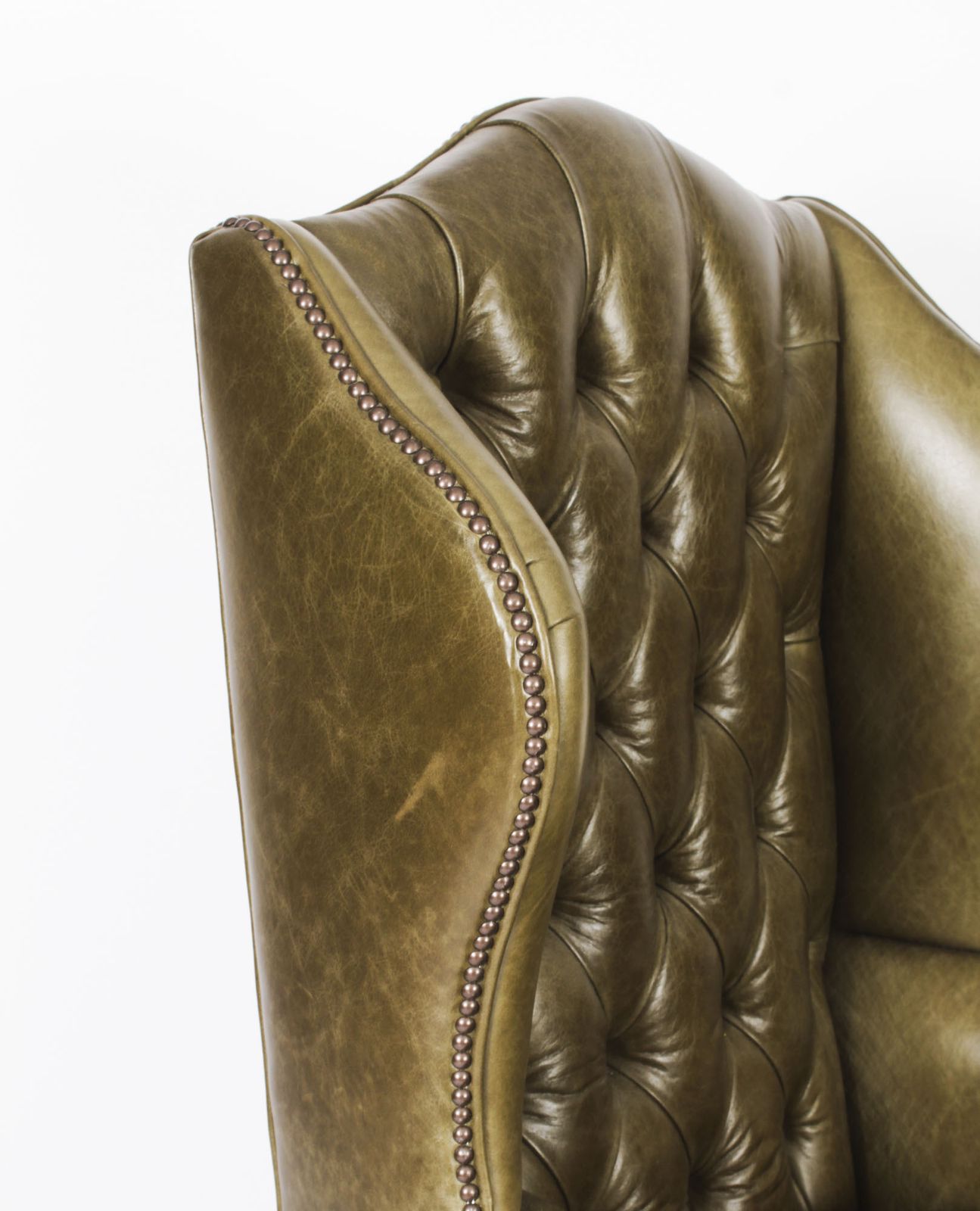 photo furniture Bespoke Pair Leather Queen Anne Wingback Armchairs Alga Green
