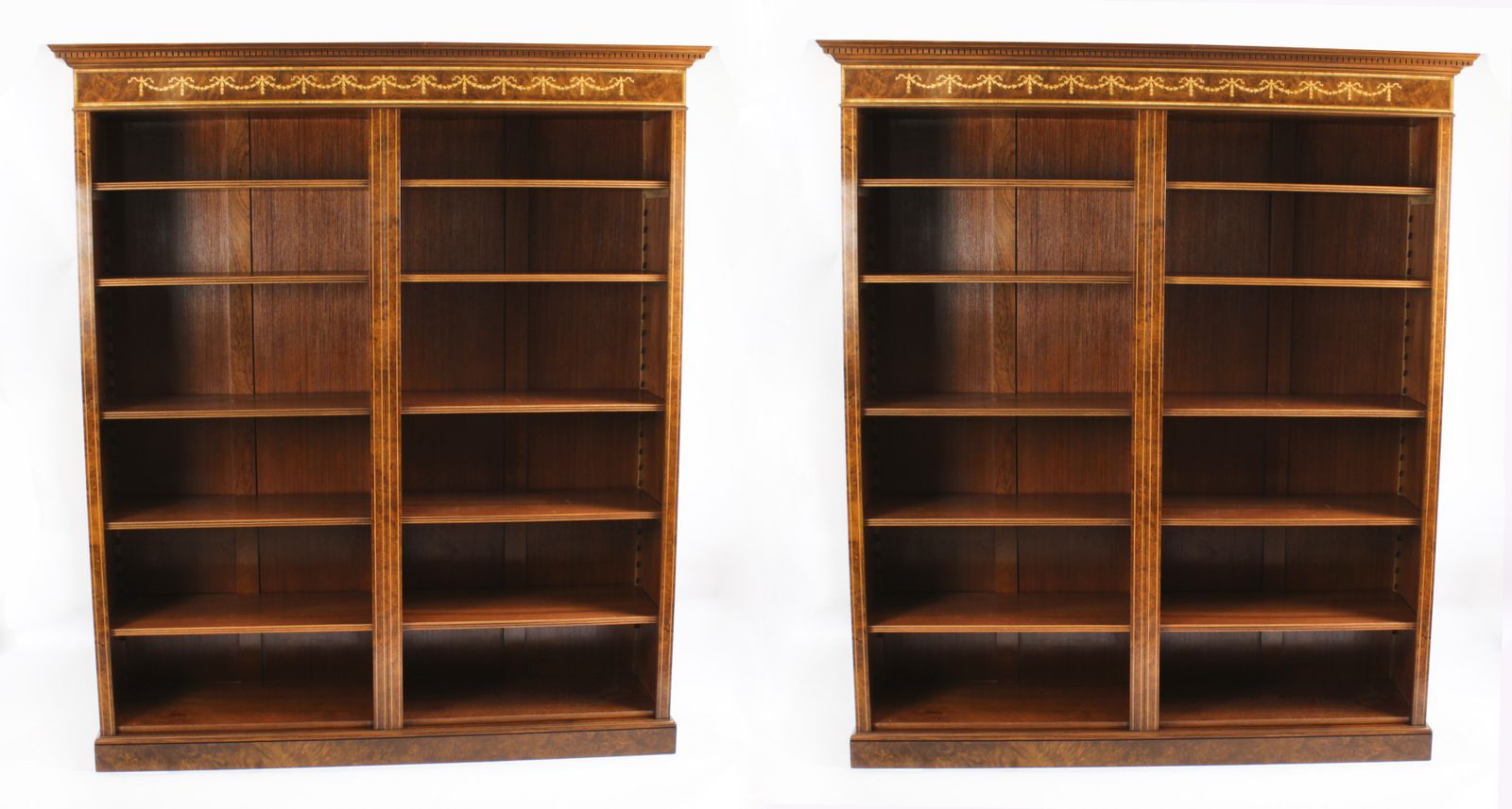 Bespoke Pair Sheraton Revival Inlaid Walnut Open Bookcases photo furniture