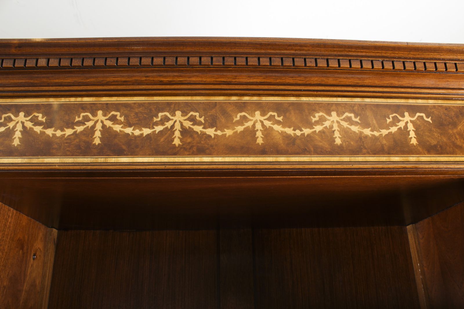 Bespoke Pair Sheraton Revival Inlaid Walnut Open Bookcases photo vinterior
