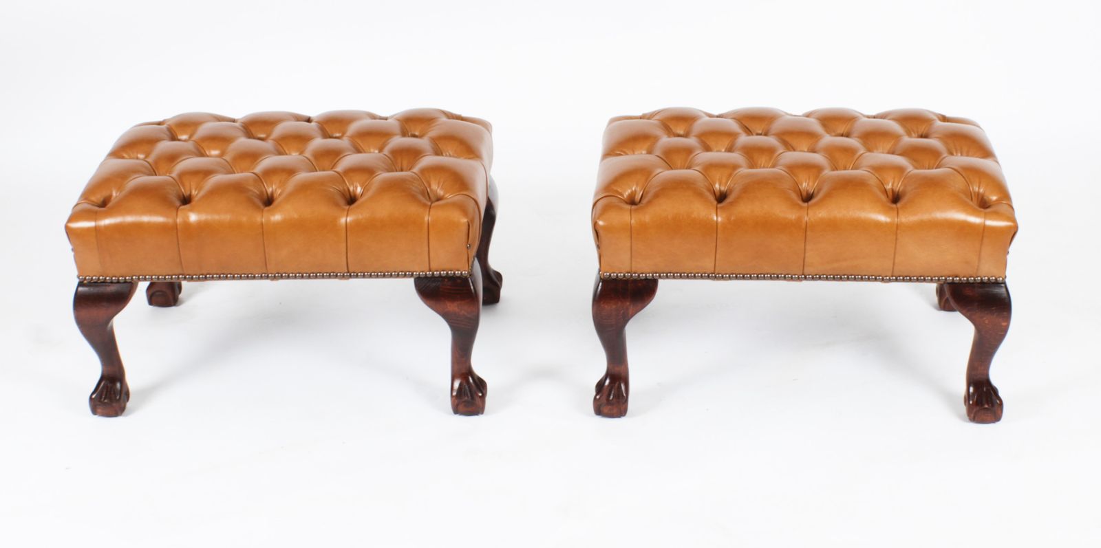 Bespoke Pair Chippendale Ball & Claw Leather Stool Bruciato. photo for sale