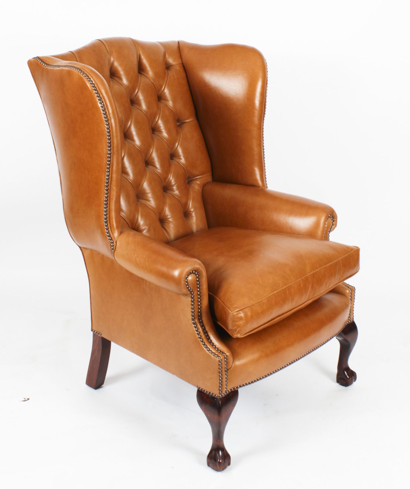 Bespoke Pair Leather Chippendale Wingback Armchairs & Pair Stools  Bruciato photo vinterior