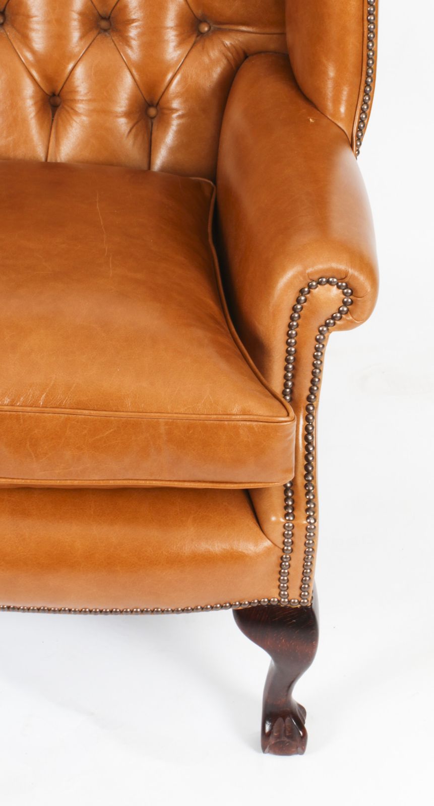 photo for sale Bespoke Pair Leather Chippendale Wingback Armchairs & Pair Stools  Bruciato