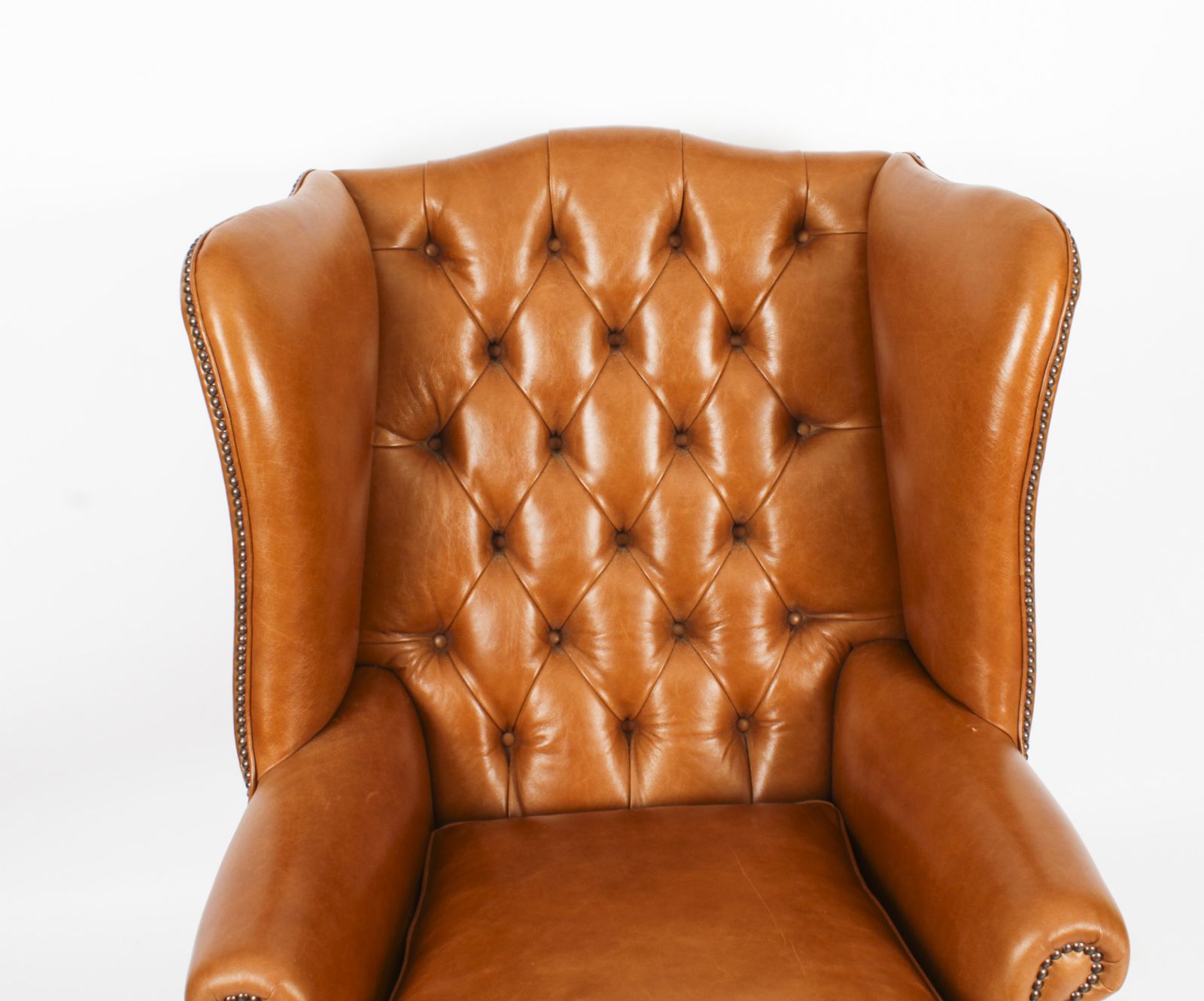 photo buy Bespoke Pair Leather Chippendale Wingback Armchairs & Pair Stools  Bruciato