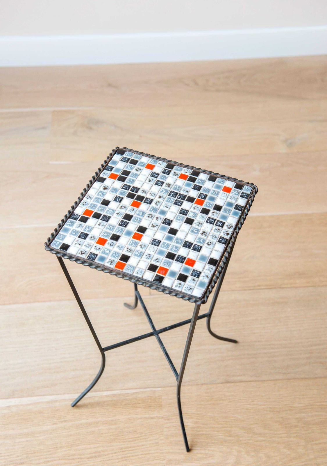 Vintage Mosaic Side Table, Mid Century Modern, Ceramic Tiled Table, Square Plant Stand, 1960s Design photo furniture