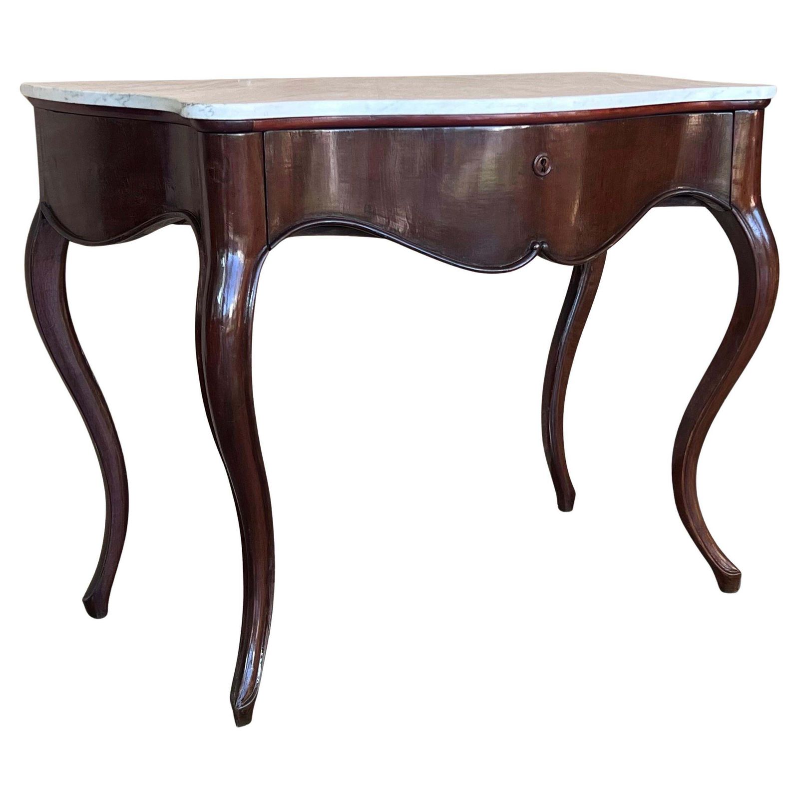 19th French Regency Carved Walnut Console Table With Drawer & Marble Top