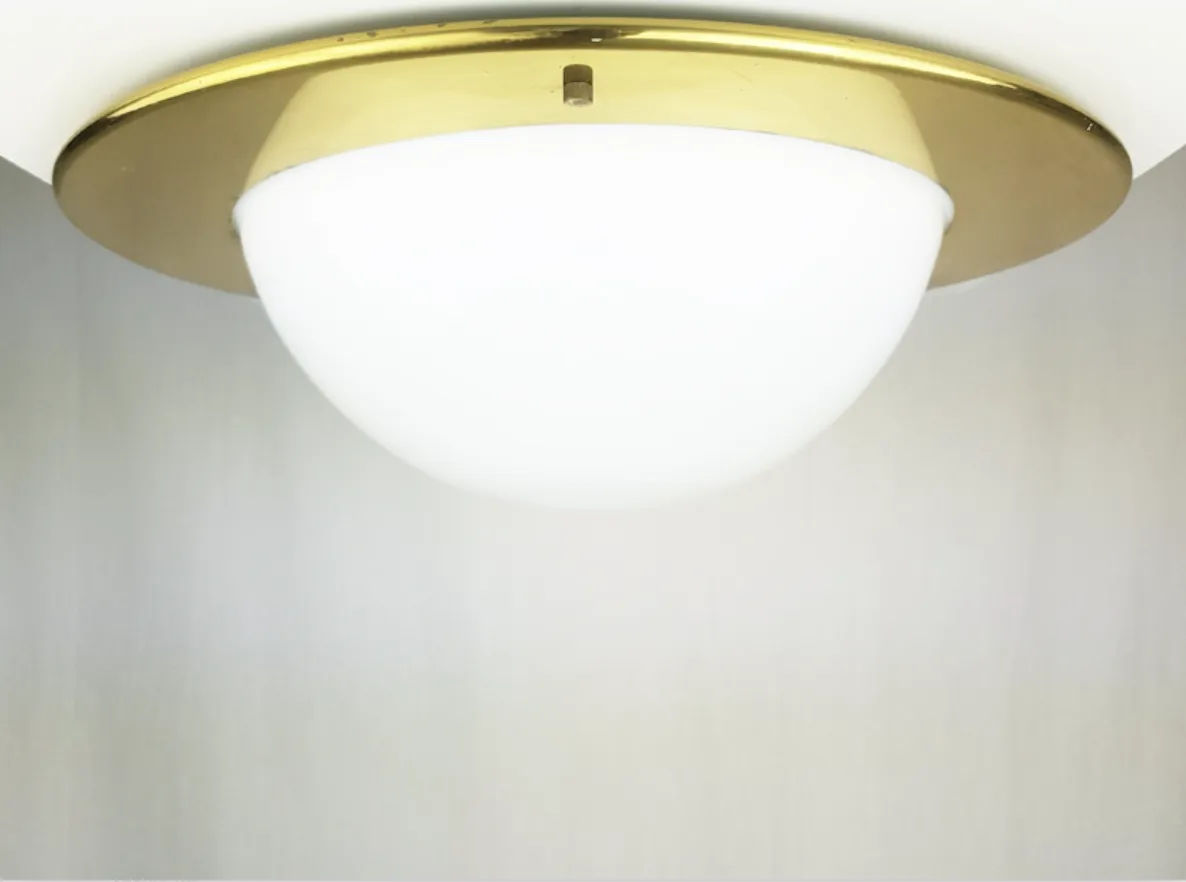 White Opaline Glass Shade & Brass Frame Flush Mount Lamps, 1970s, Set Of 2