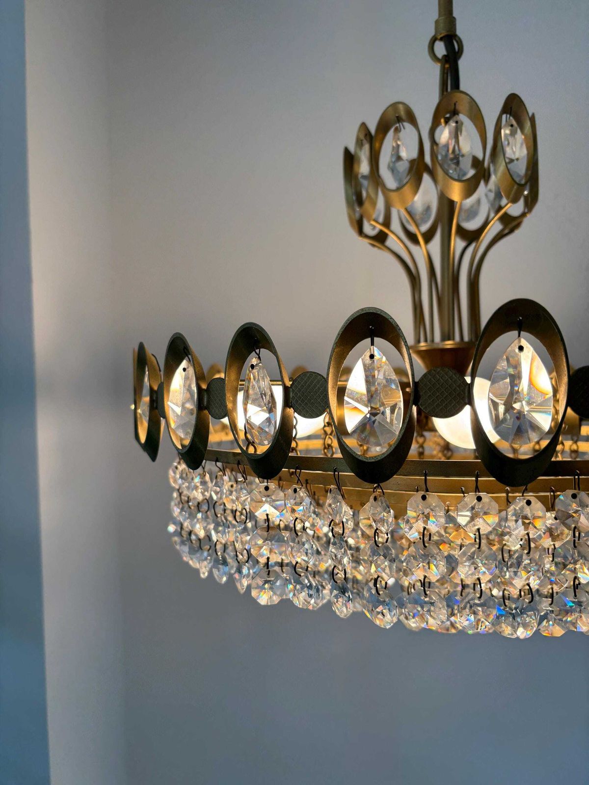 German Vintage Joska Bodenmais Brass And Lead Crystal Chandelier, 1970's photo for sale