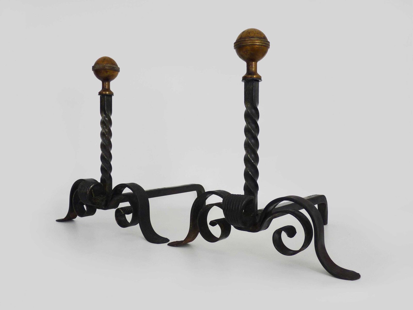 Large Pair Of Wrought Iron And Brass Ball Fireplace Andirons. France 19th Century. photo for sale