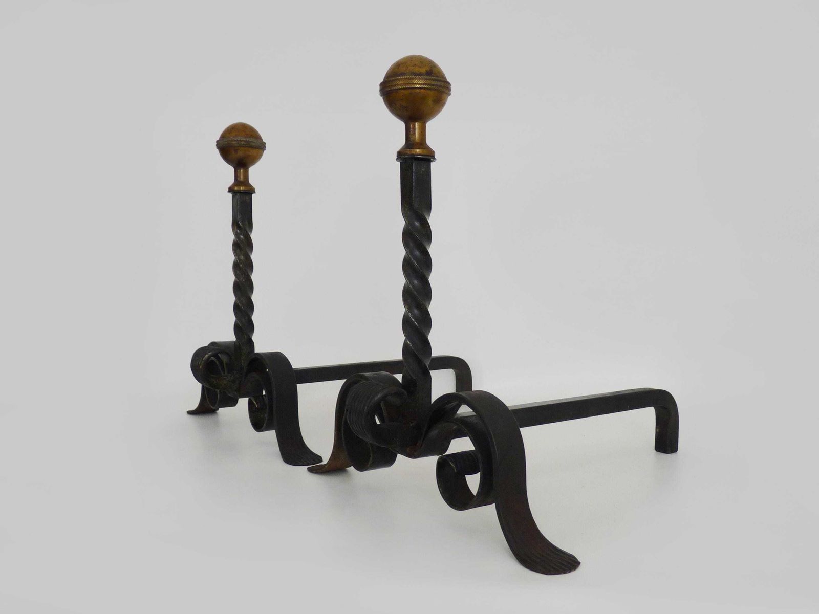Large Pair Of Wrought Iron And Brass Ball Fireplace Andirons. France 19th Century. photo 248.0