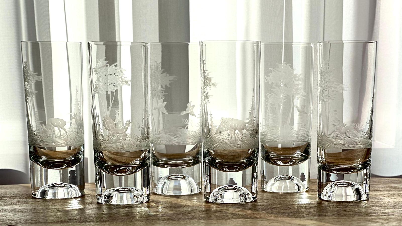 Set Of 7 Bohemian Etched Crystal Highball Glasses, G.W. Wilhelm Glassworks, Hand Blown Double Bottom Barware, Vintage Wildlife Glassware photo 245.0