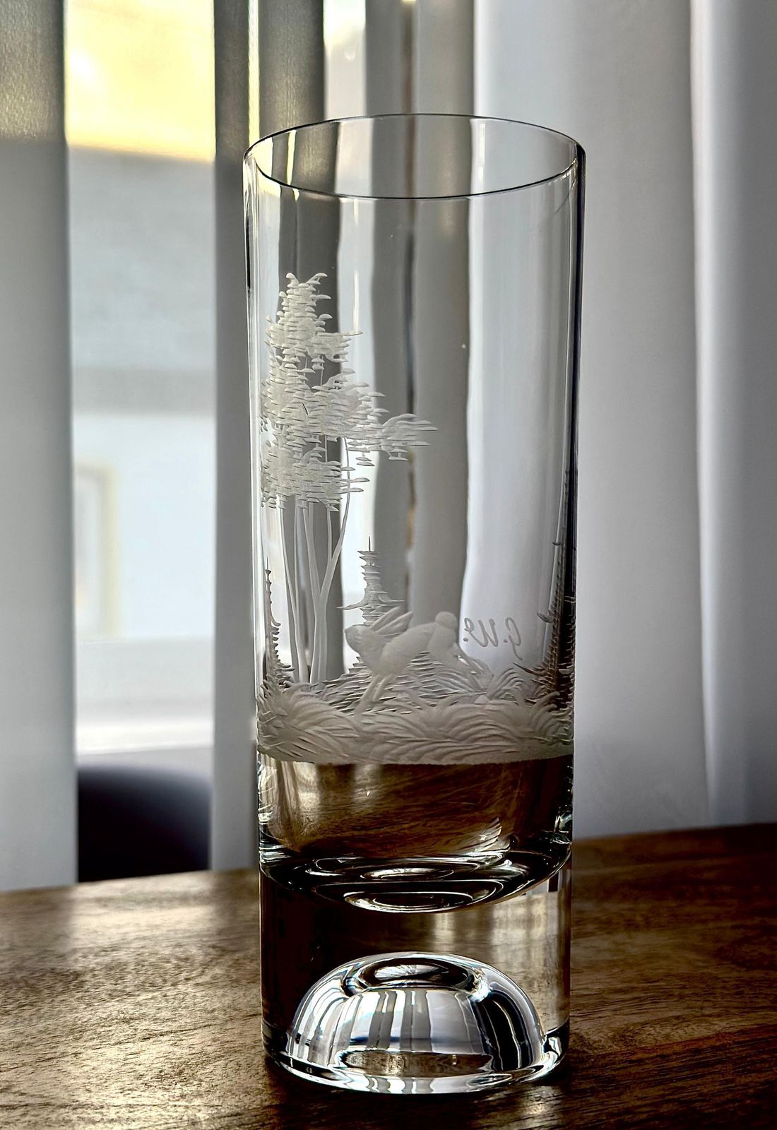 Set Of 7 Bohemian Etched Crystal Highball Glasses, G.W. Wilhelm Glassworks, Hand Blown Double Bottom Barware, Vintage Wildlife Glassware photo vintage