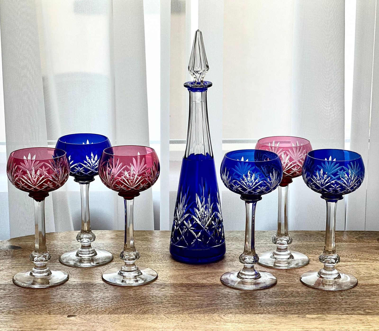 St. Louis Massenet Cut Crystal Decanter And 6 Matching Glasses French Hand Cut Blue & Pink Crystal photo furniture